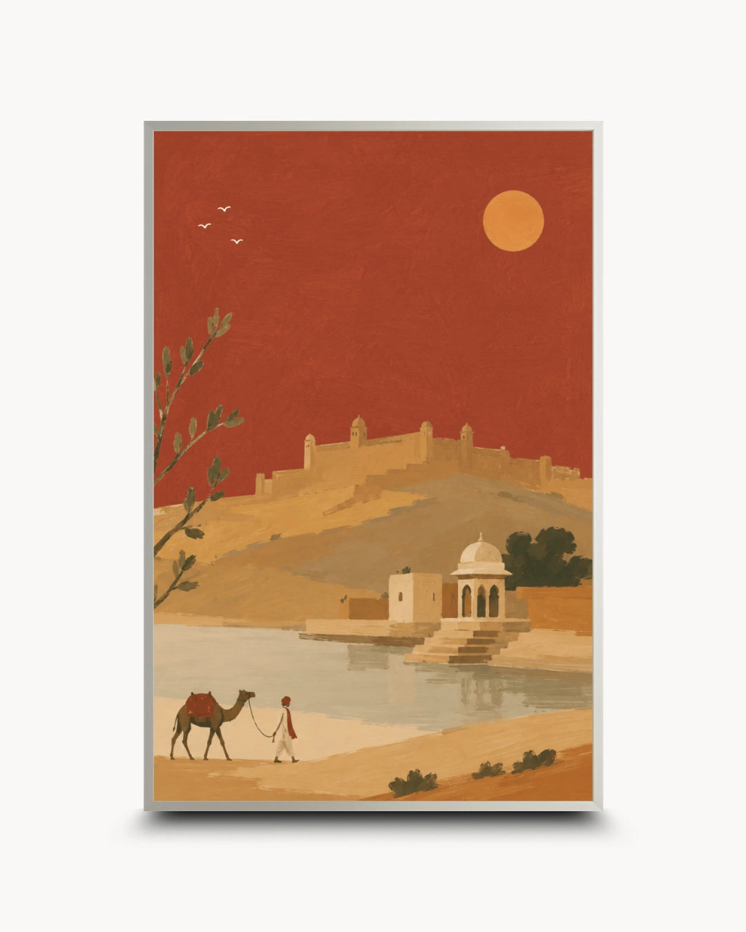 A vertical art print featuring a stylized desert landscape with a camel and person walking beside a lake, a domed structure, hills, and a large sun against a warm red sky, shown with a thin gold-toned border on a light background.