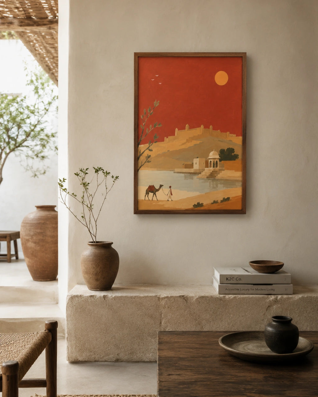 A framed art print featuring a desert landscape with camels, a river, and a golden sun against a red sky, displayed on a beige wall in a rustic, modern interior setting.