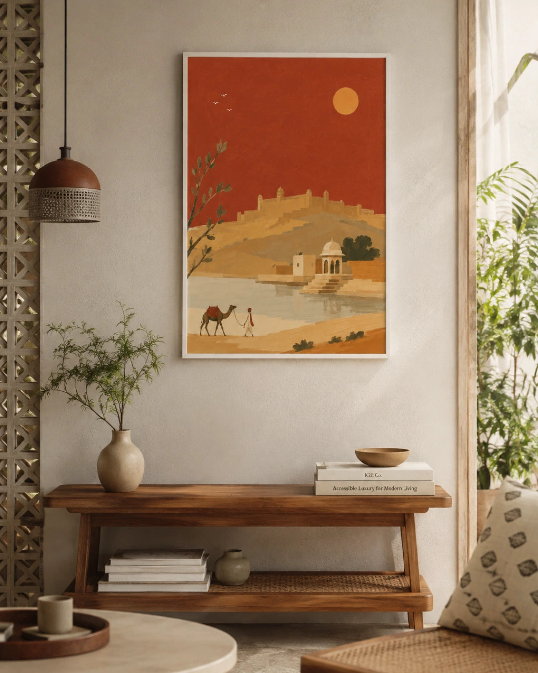 A framed travel poster with a retro desert landscape illustration hangs on a beige wall above a wooden console table in a styled living room.
