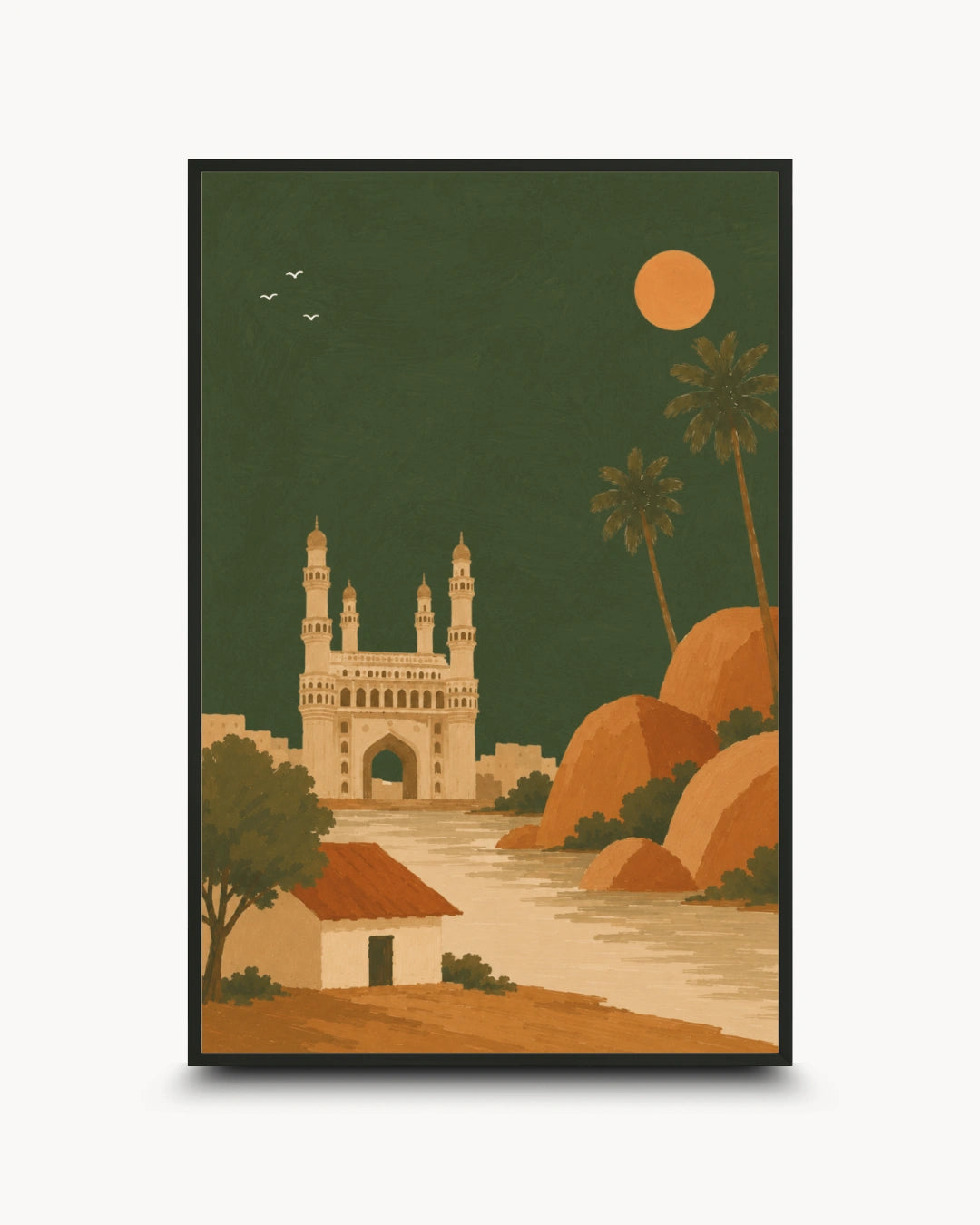 A framed travel art print depicting Charminar in Hyderabad, India, styled in a retro mid-century modern design with a dark green sky, orange sun, and warm brown landscape elements.
