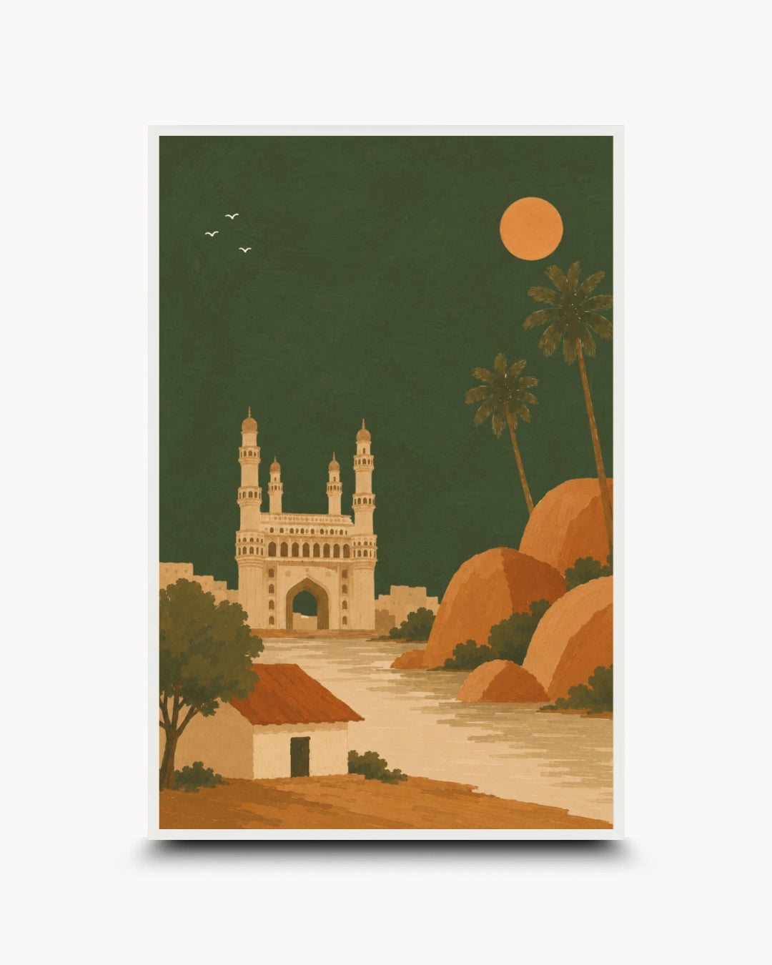 A stylized travel poster print of Charminar Gate in Hyderabad, India, featuring a cream-colored monument, palm trees, orange rocks, and a dark green night sky with a full moon, shown on a white background with a drop shadow.