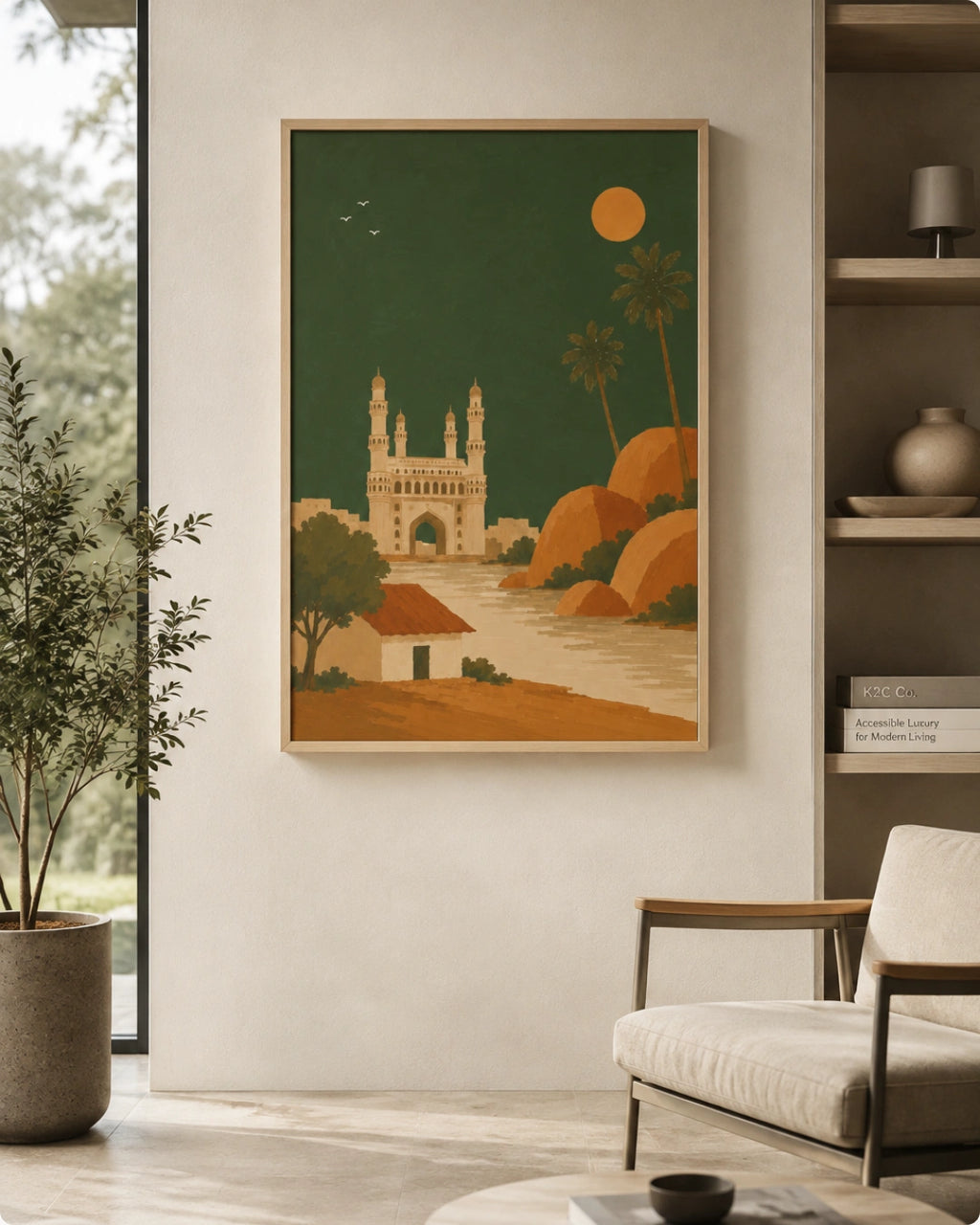 A framed art print featuring a stylized desert landscape with a mosque, palm trees, and a large sun, displayed on a beige wall in a modern living room setting.