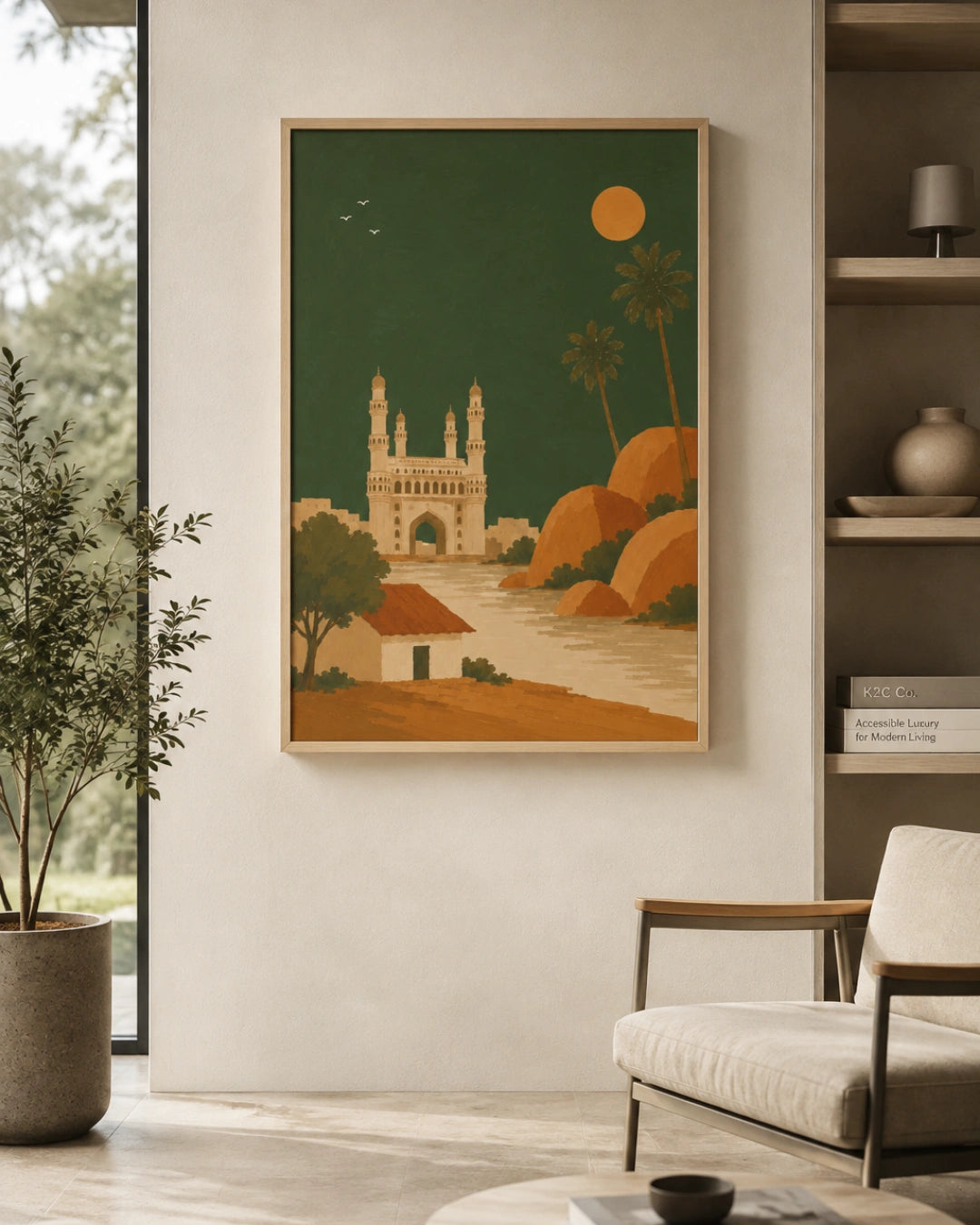 A framed art print featuring a stylized desert landscape with a mosque, palm trees, and a large sun, displayed on a beige wall in a modern living room setting.
