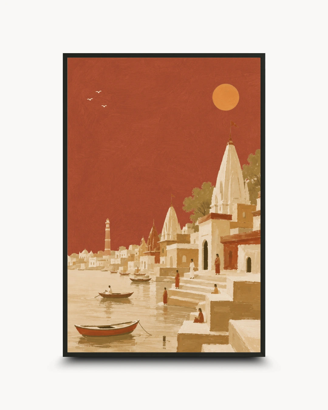 A framed art print depicting a stylized riverside cityscape with white temple spires, boats on the water, small figures, and a large orange sun against a terracotta-red sky, shown on a light gray background.