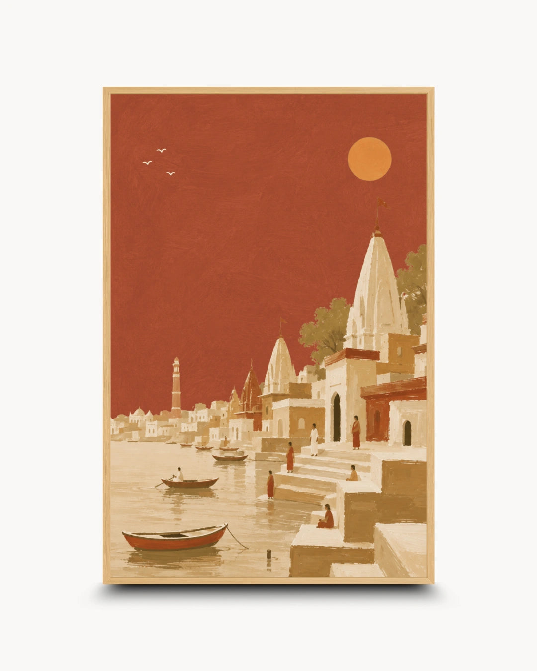 A vertical art print depicting a serene riverfront scene with white temple spires, small boats on calm water, and a large orange sun against a deep red sky, shown centered on a light gray background.