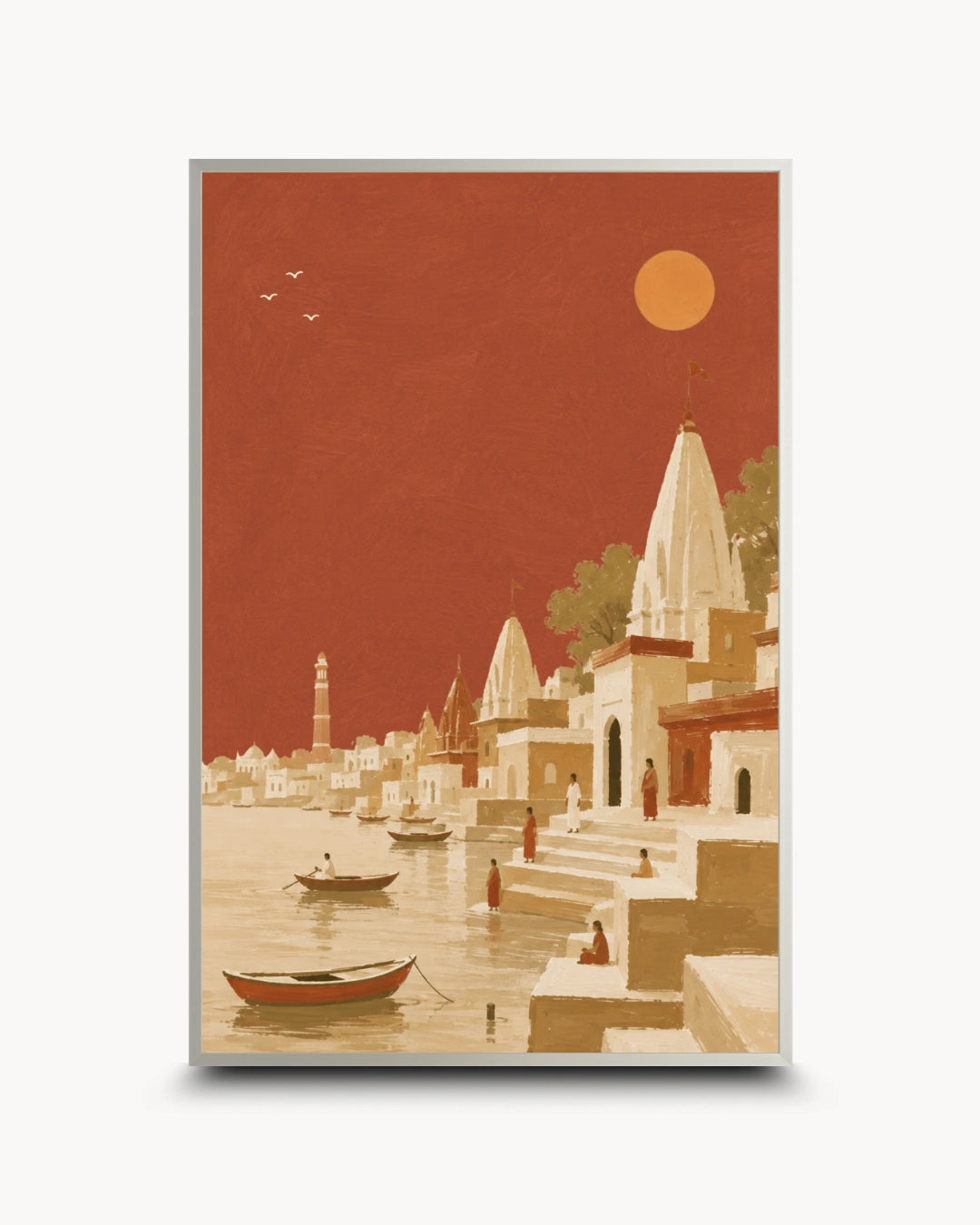 A vertical art print depicting a stylized ghat scene in warm terracotta and beige tones, with temples, boats on water, small figures, birds, and a sun, shown against a light gray background.