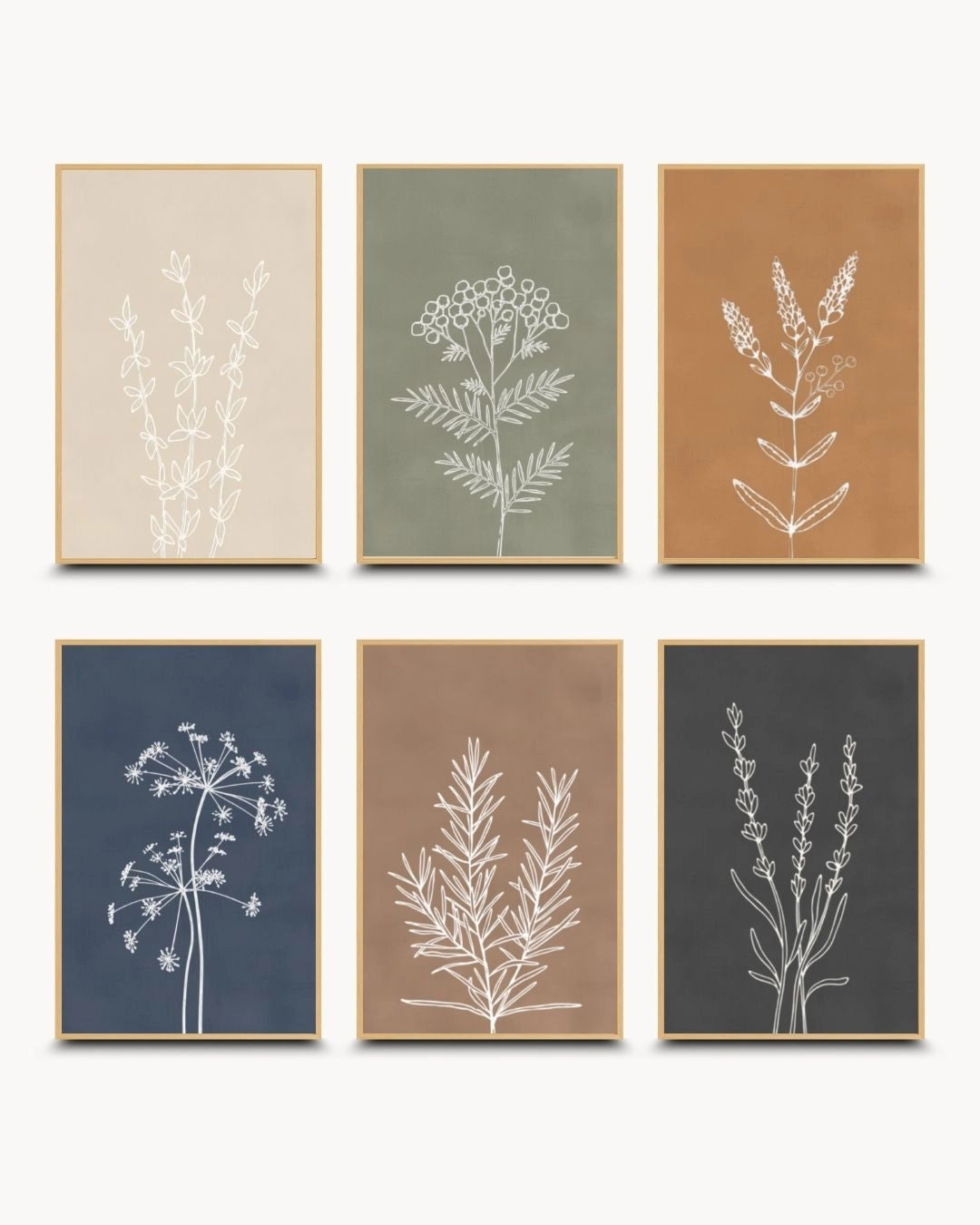 Organic modern 6-piece botanical line art set by K2C Co. in natural Maple Wood frames. Earth-toned minimalist gallery wall perfect for Japandi and slow living interiors.