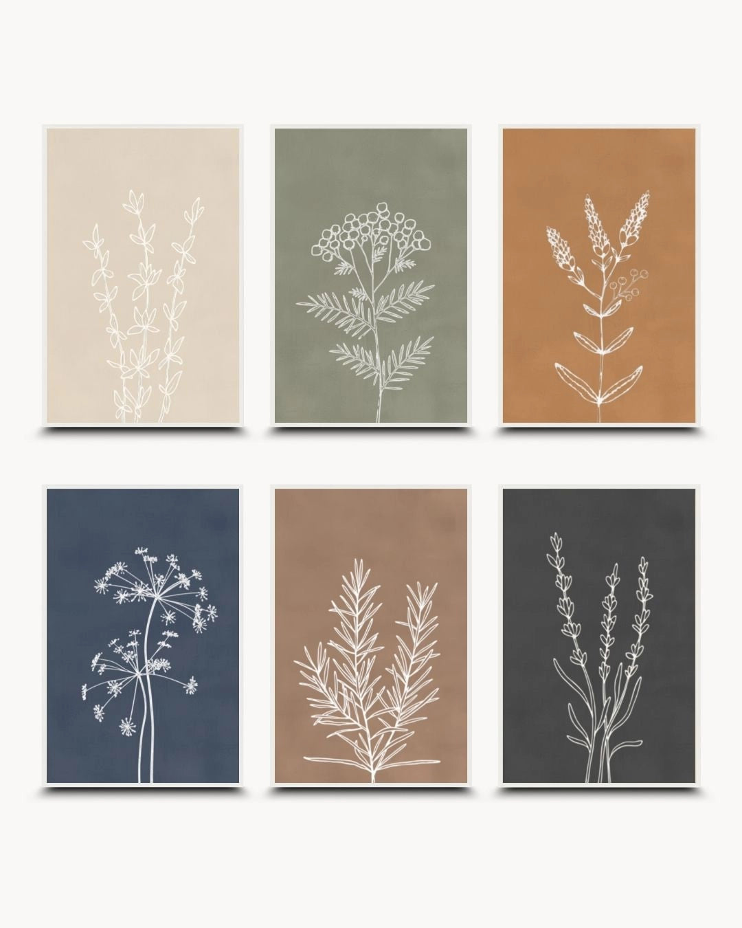 K2C Co. 6-piece Essence botanical line art gallery set in Moon White frames. High-contrast nature-inspired prints in earthy and moody tones for a modern Scandinavian home.