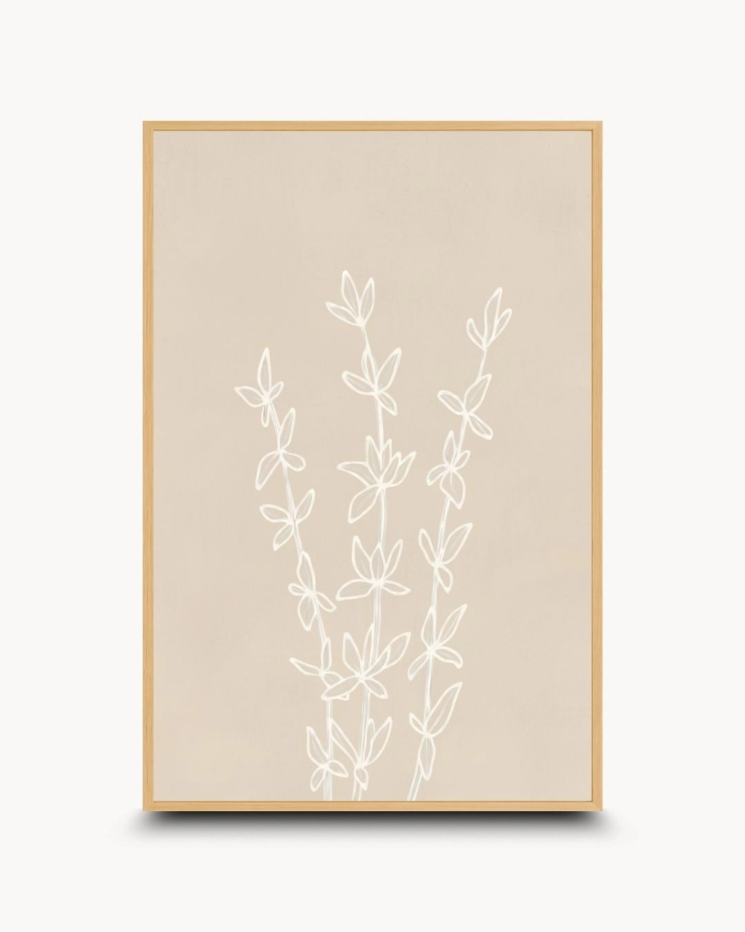 Organic modern botanical line art by K2C Co. in a natural Maple Wood frame. Featuring soft white linear detailing on a neutral background, ideal for "slow living" interiors.