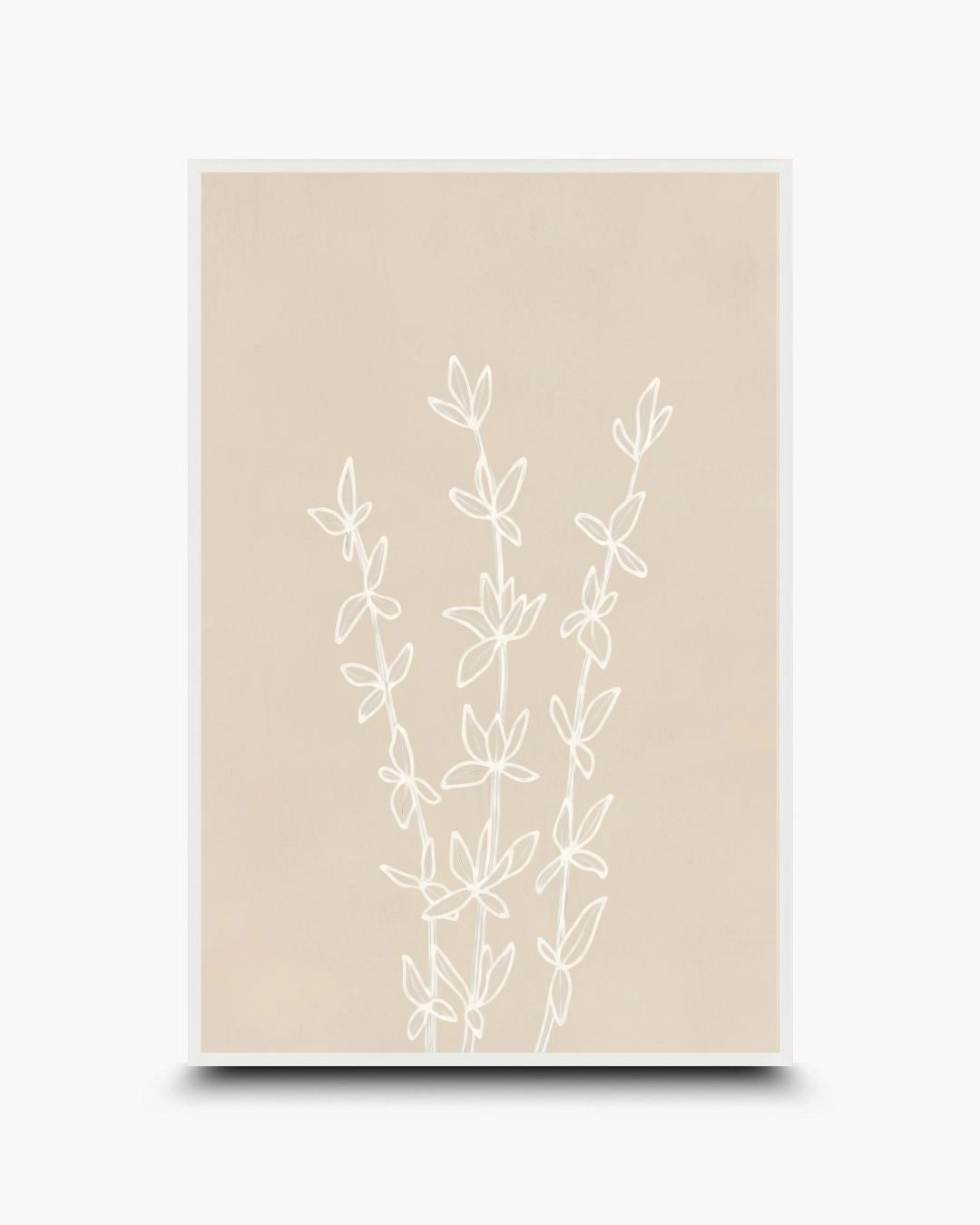 K2C Co. Essence line art botanical print in a Moon White frame. A subtle, airy white-on-beige design perfect for clean Scandinavian bedroom or nursery decor.