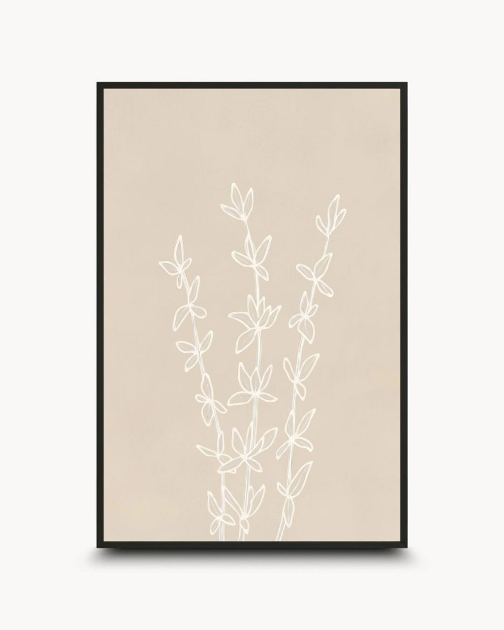 Minimalist white line drawing of botanical branches on a sandy beige background by K2C Co., featured in a 0.5-inch Noir Black frame for a modern Japandi look.