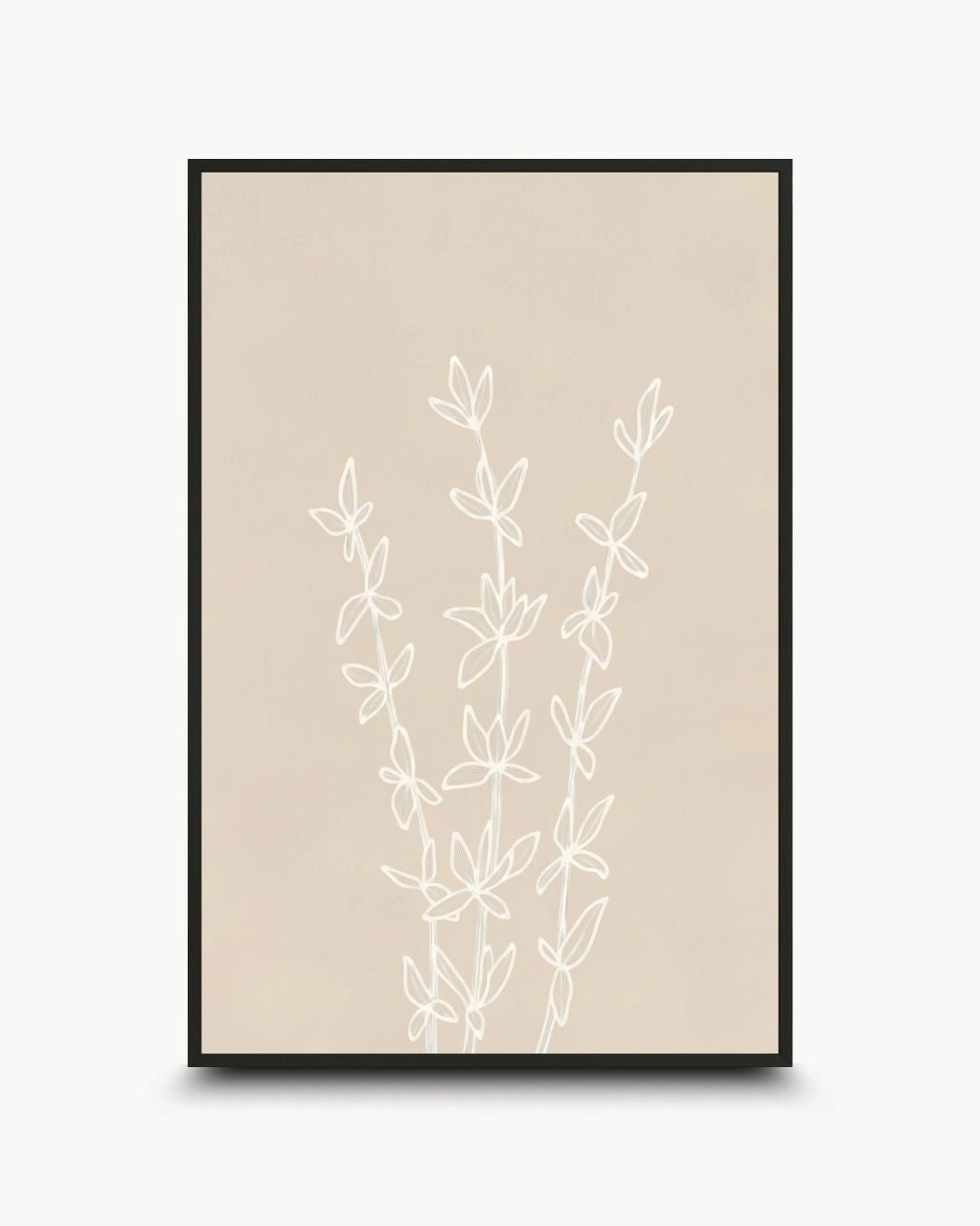Minimalist white line drawing of botanical branches on a sandy beige background by K2C Co., featured in a 0.5-inch Noir Black frame for a modern Japandi look.