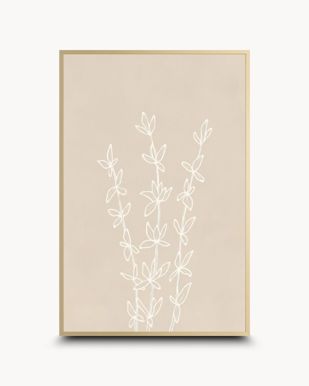 Elegant Essence botanical line art by K2C Co. in a Satin Gold frame. Features subtle white detailing on a matte beige finish for a high-end contemporary wall decor statement.