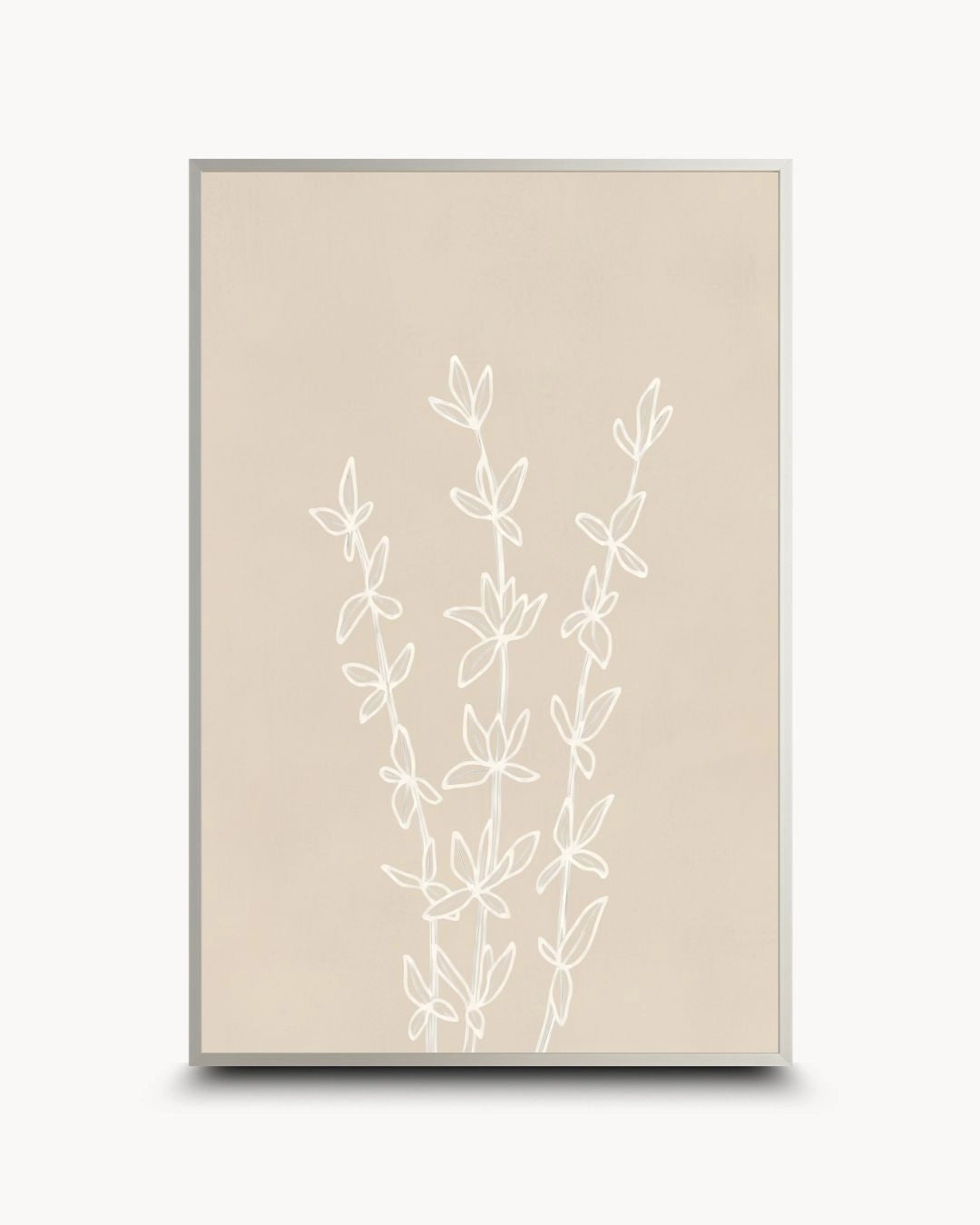 Contemporary minimalist botanical line drawing by K2C Co. in a sleek Satin Silver frame. A neutral, sophisticated piece for modern urban apartment styling.