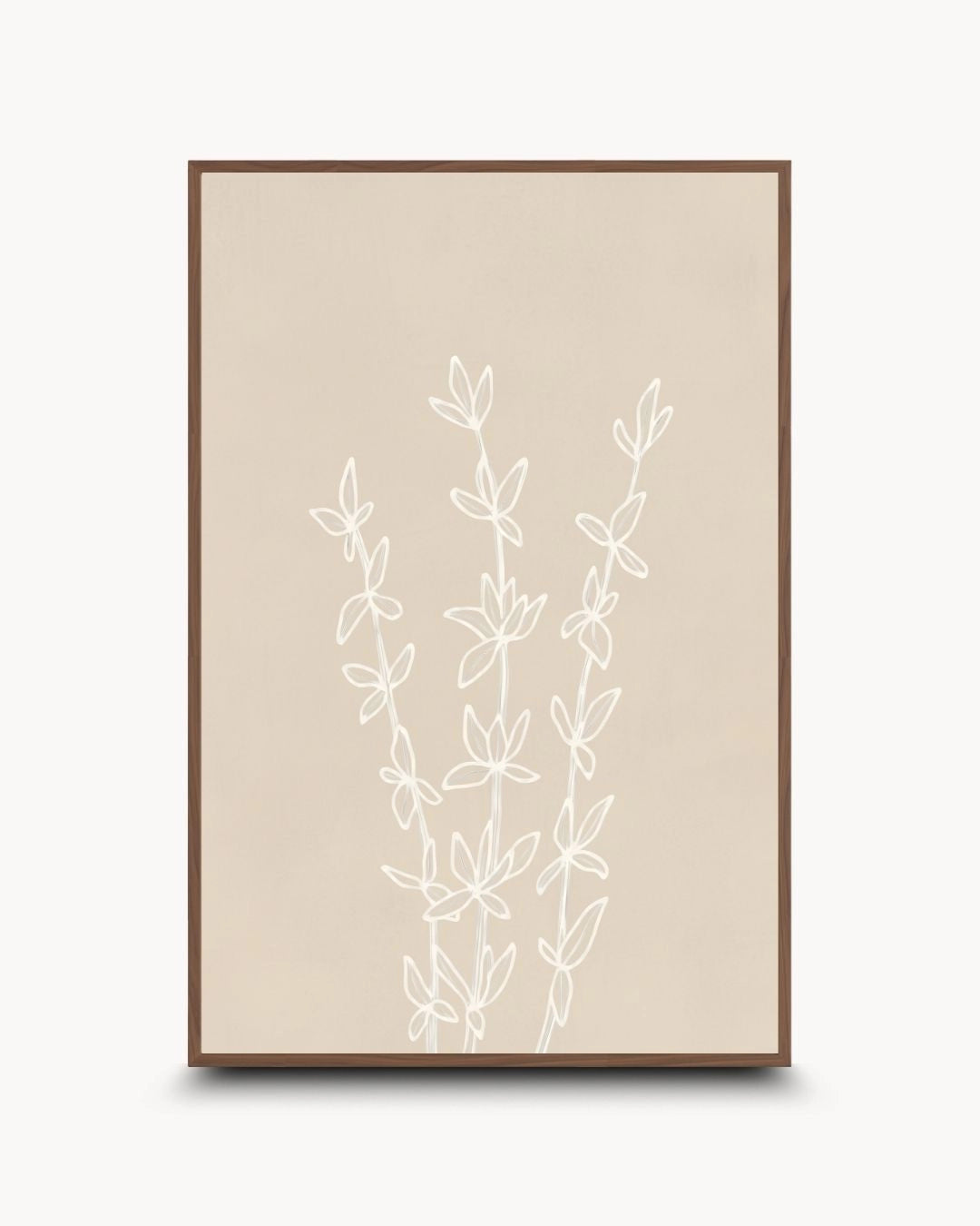 Essence botanical line drawing in a warm Walnut Wood frame by K2C Co. A minimalist, nature-driven balance of white lines and beige tones suited for mid-century modern homes.