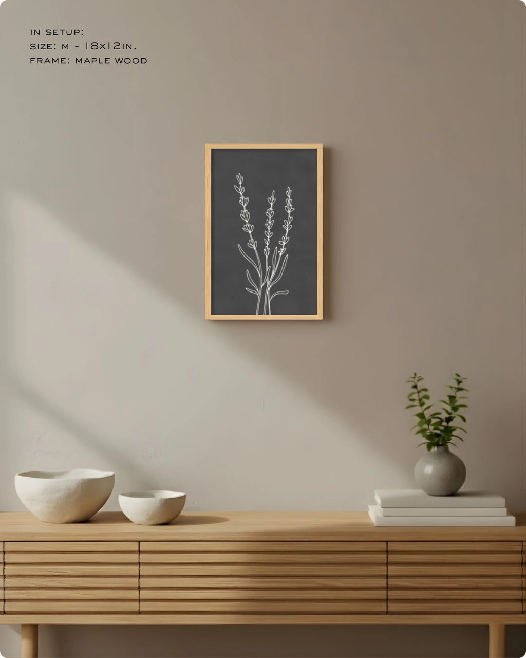 Medium (Size M) charcoal grey minimalist line art by K2C Co., featured in a clean, high-contrast Japandi living room setup.