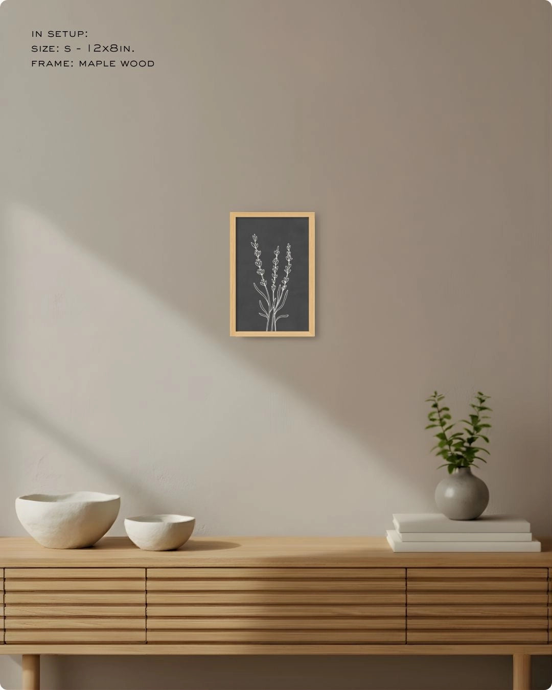 Small (Size S) charcoal grey botanical accent print in a natural Maple Wood frame, demonstrating minimalist styling for compact spaces.