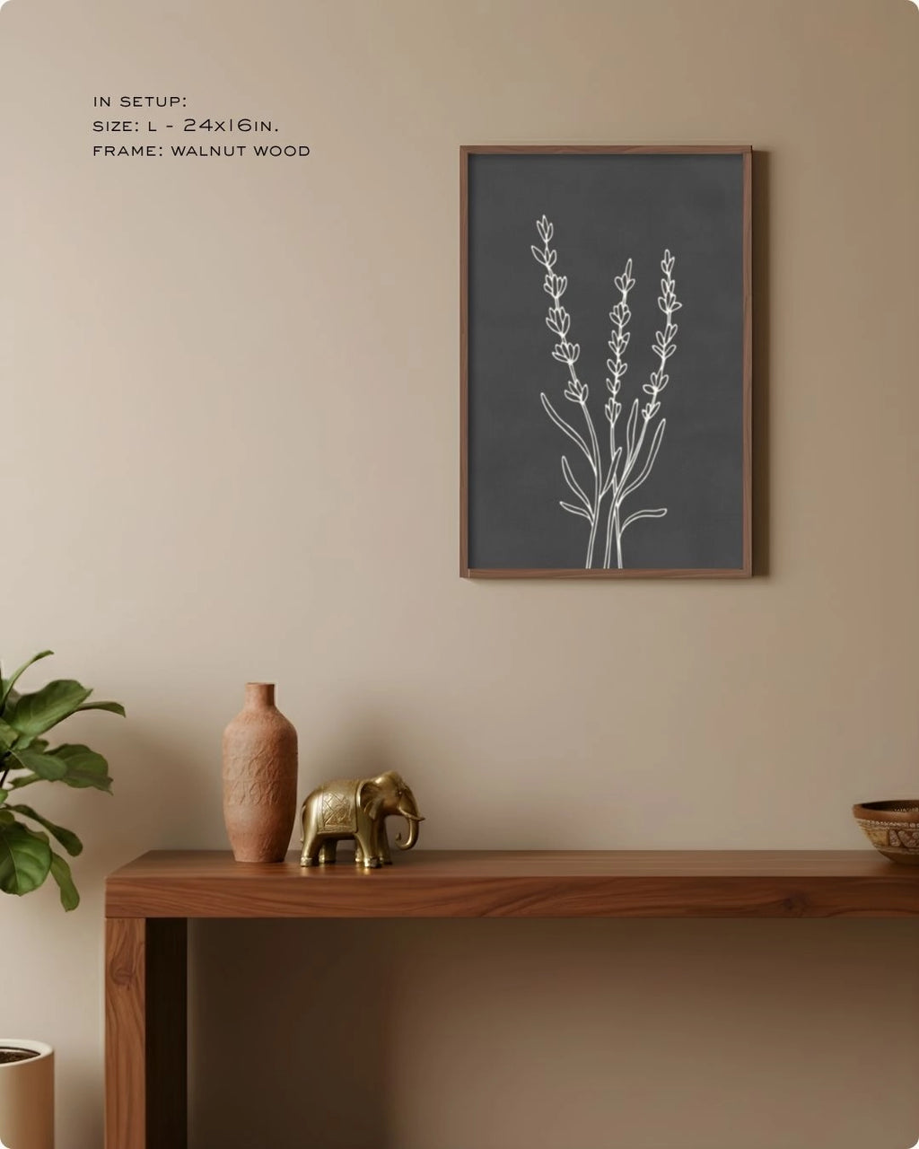 Bold charcoal grey botanical line art by K2C Co. in a Noir Black frame, creating a seamless and sophisticated urban minimalist entryway.