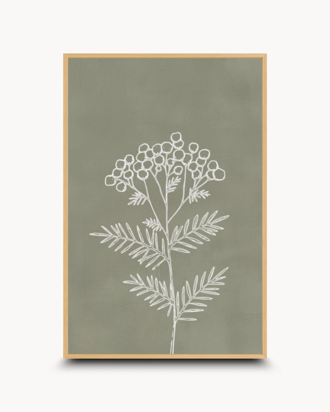 Organic modern botanical line drawing by K2C Co. in a natural Maple Wood frame. Featuring soft white linear detailing on a sage green base, ideal for calm, biophilic home interiors.