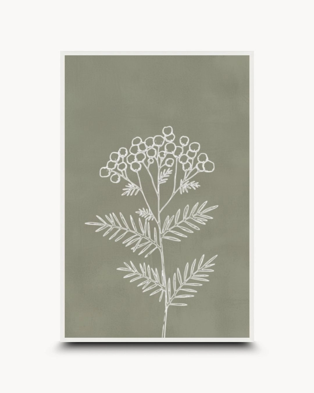 K2C Co. Essence II sage green botanical line art print in a Moon White frame. A clean, nature-inspired design suited for bright Scandinavian bedrooms or office spaces.