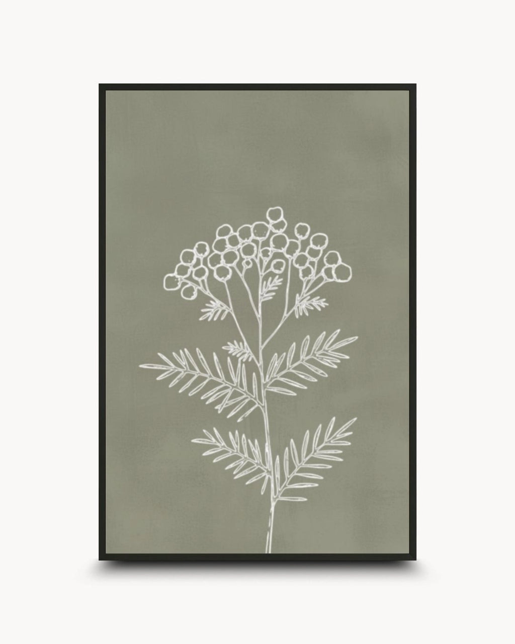Minimalist white botanical line art on a muted sage green background by K2C Co., featured in a 0.5-inch Noir Black frame. Perfect for a modern or industrial living room aesthetic.