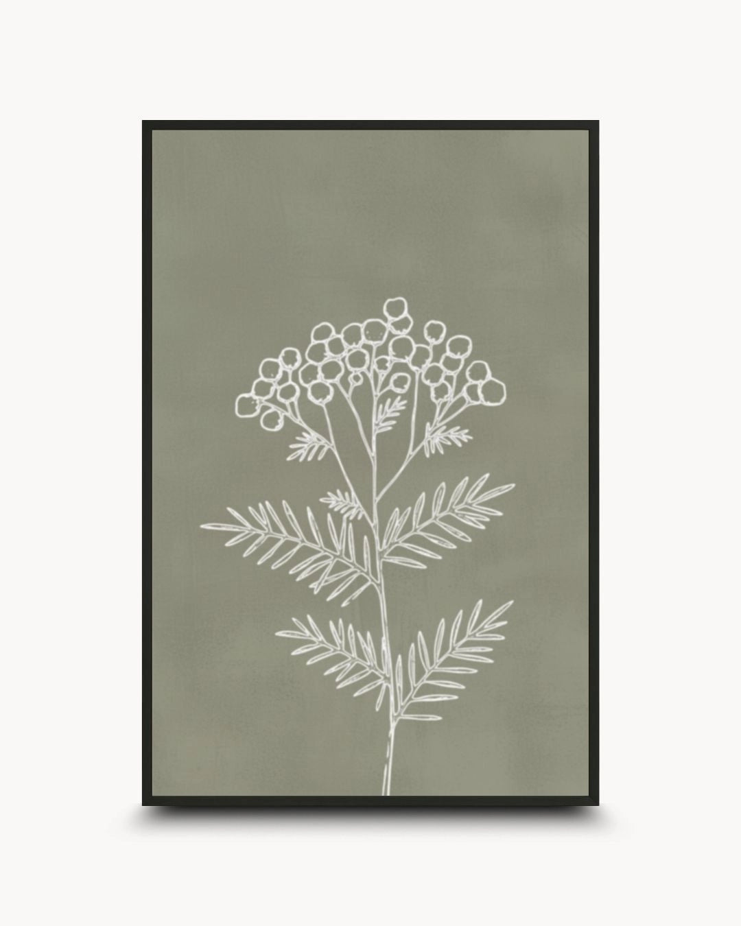 Minimalist white botanical line art on a muted sage green background by K2C Co., featured in a 0.5-inch Noir Black frame. Perfect for a modern or industrial living room aesthetic.