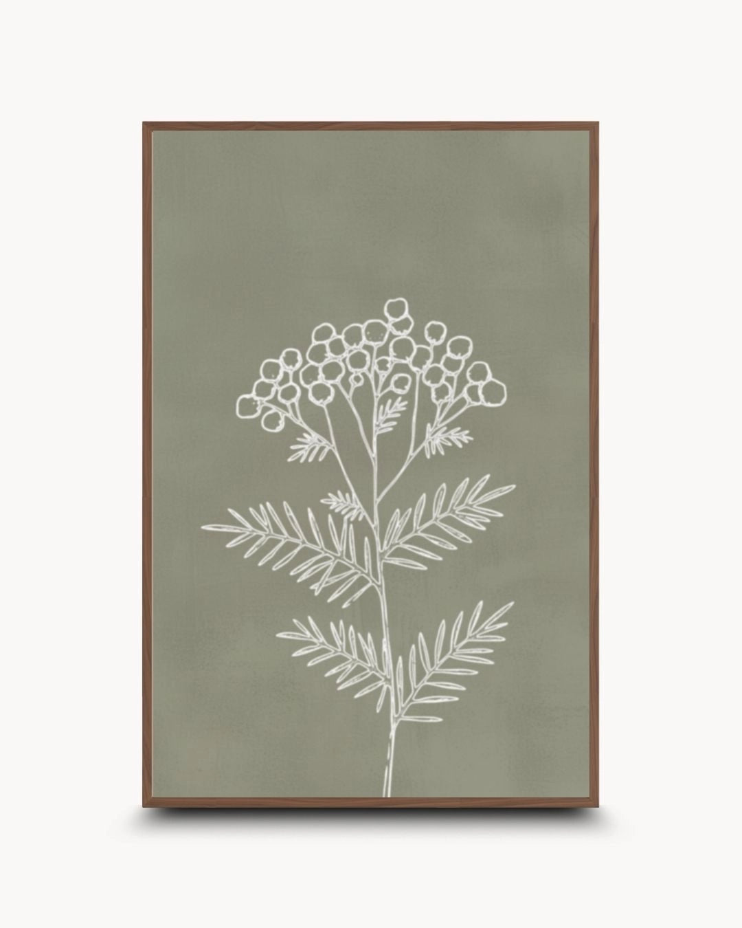 Essence II botanical line drawing in a warm Walnut Wood frame by K2C Co. A subtle, nature-driven balance of white lines and olive green tones for a mid-century modern aesthetic.