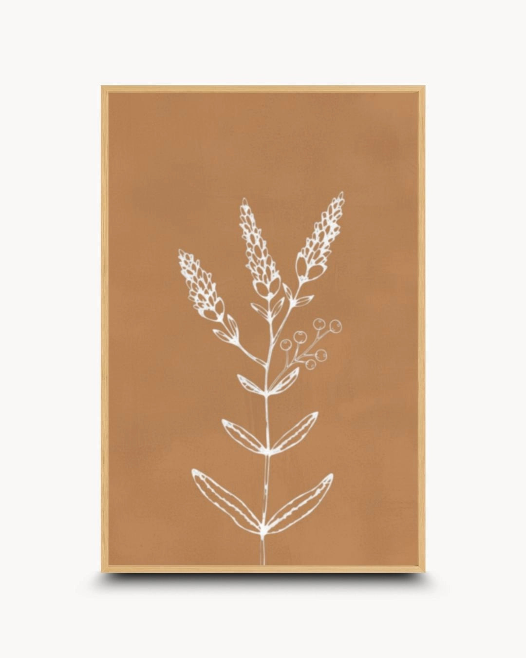 Organic modern botanical line drawing by K2C Co. in a natural Maple Wood frame. Featuring white linear detailing on an earthy terracotta base, ideal for "slow living" home interiors.