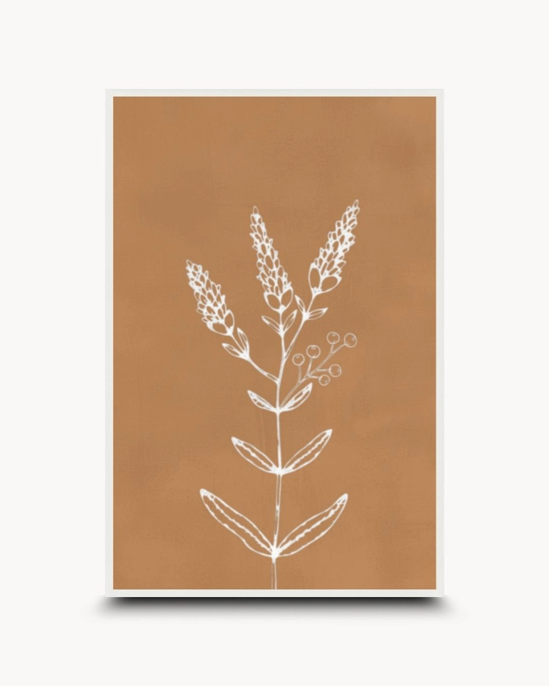 Minimalist white botanical line drawing on a warm terracotta background by K2C Co., featured in a 0.5-inch Noir Black frame. A bold statement piece for modern Japandi living rooms.