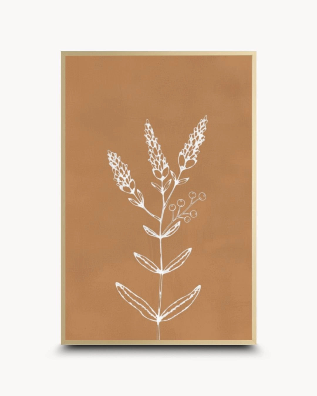 Elegant Essence III botanical line art by K2C Co. in a Satin Gold frame. Features high-contrast white detailing on a matte terracotta finish for a luxury contemporary wall decor statement.