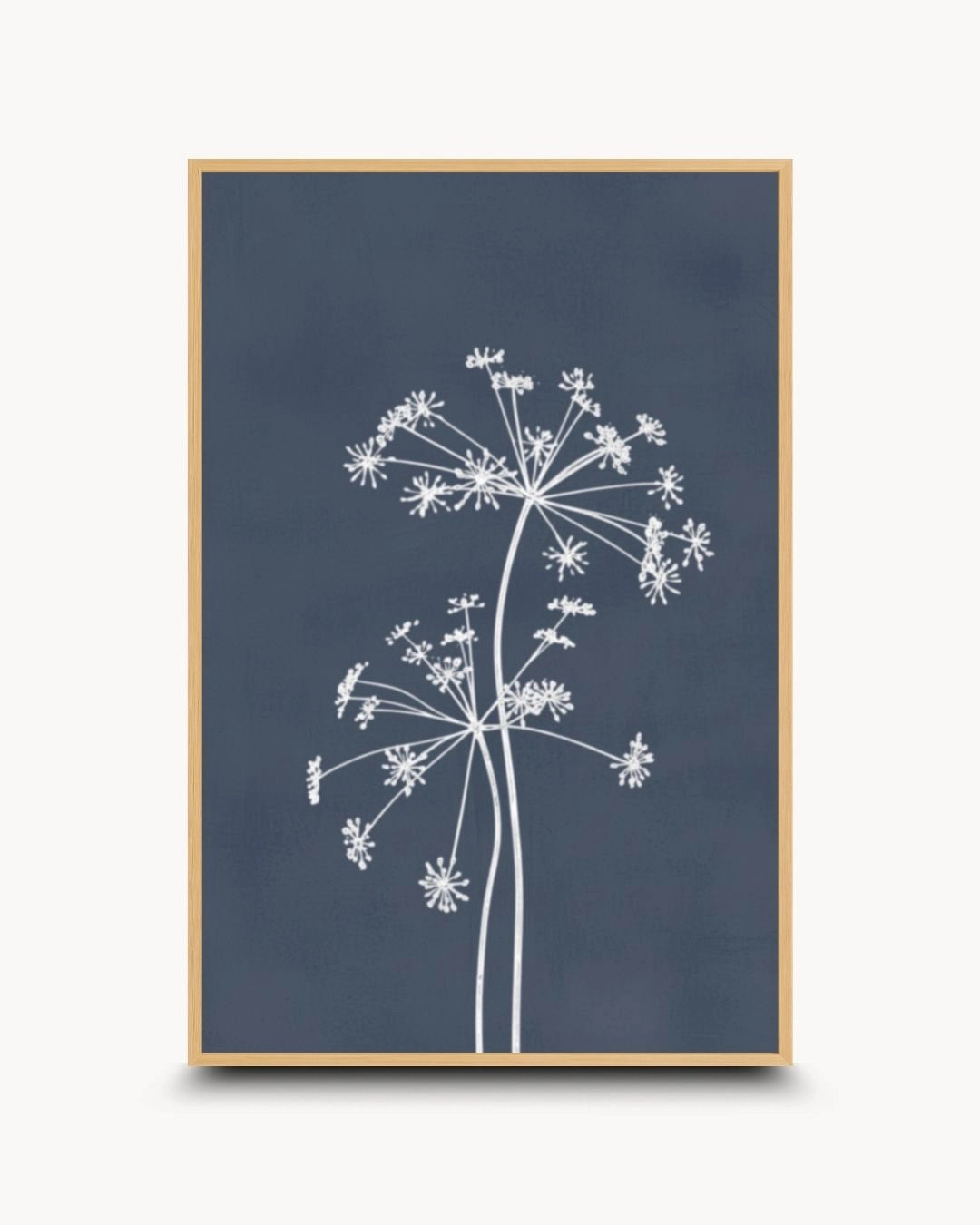 Organic modern botanical line drawing by K2C Co. in a natural Maple Wood frame. Featuring white linear detailing on a slate grey base, ideal for calm, minimalist interiors.
