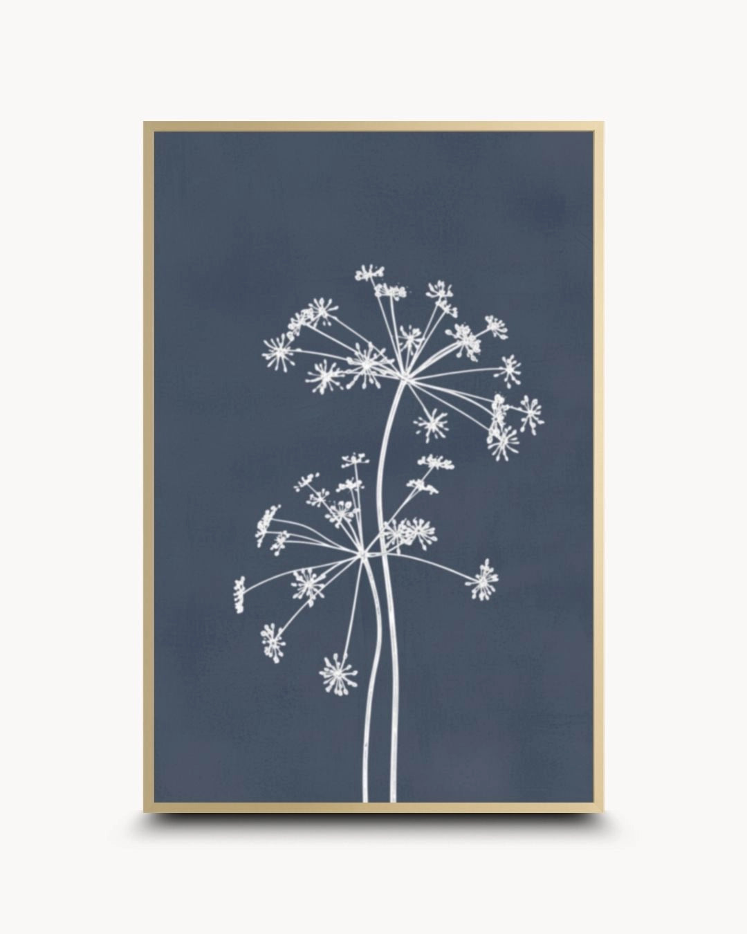 Elegant Essence VI botanical line art by K2C Co. in a Satin Gold frame. Features white botanical detailing on a matte charcoal finish for a high-end contemporary statement piece.