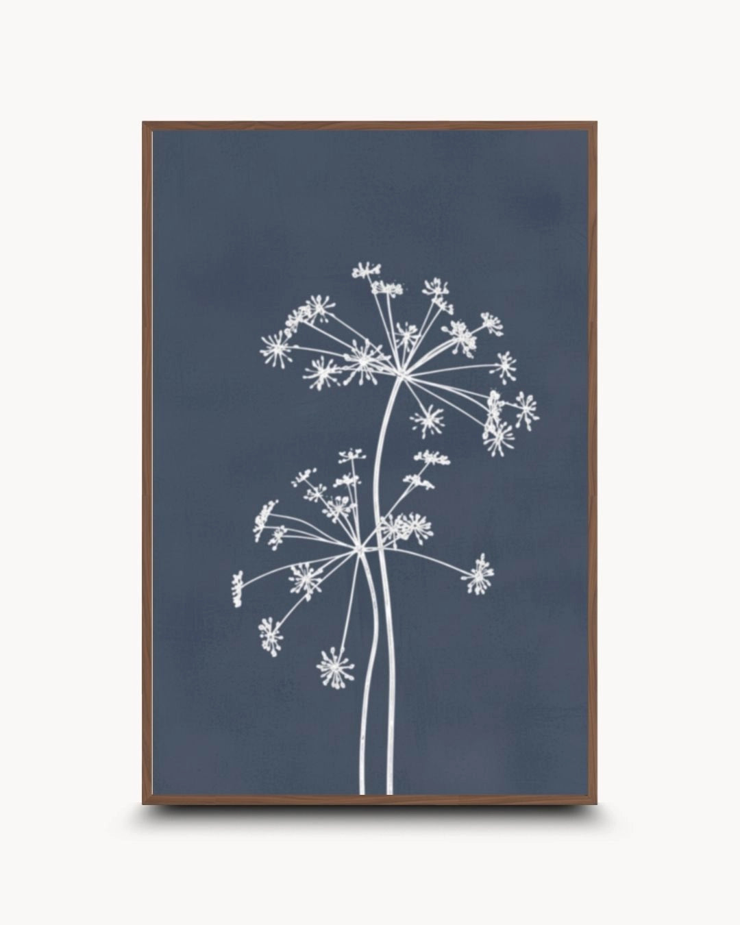 Essence VI botanical line drawing in a warm Walnut Wood frame by K2C Co. A nature-driven balance of white lines and dark grey tones suited for sophisticated Japandi aesthetics.