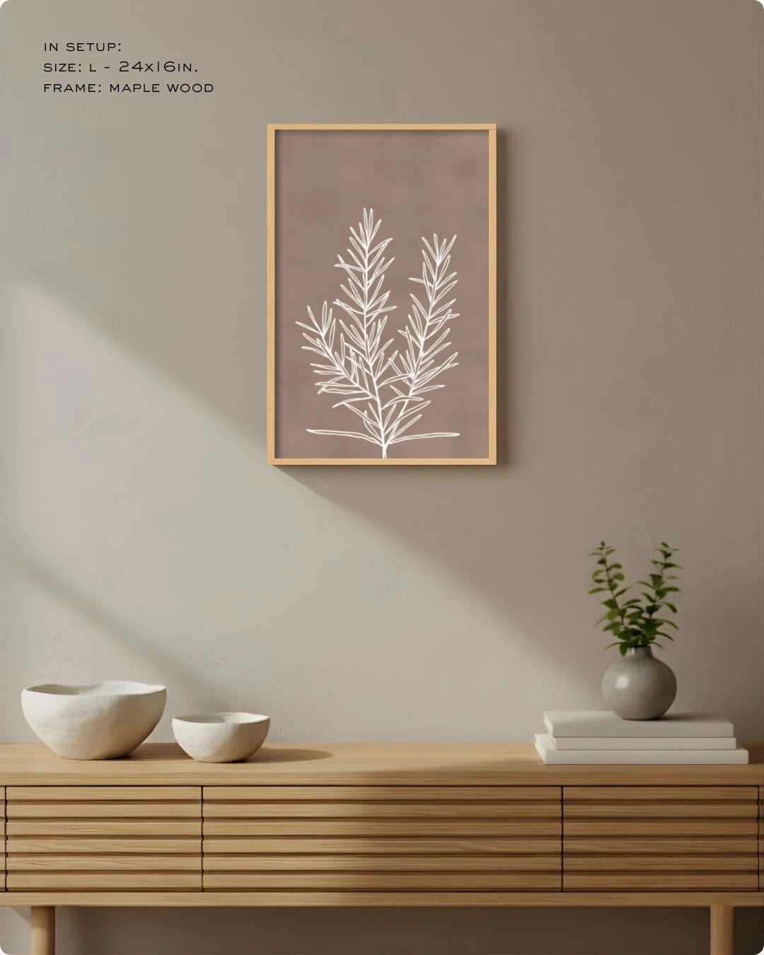 Large (Size L) mocha brown botanical line art in a Maple Wood frame, styled above a slatted sideboard with organic shadows.