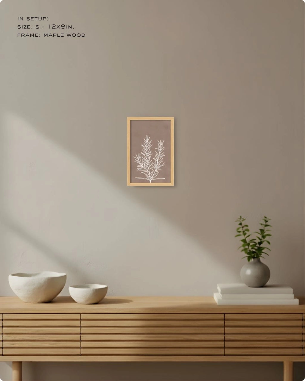 Small (Size S) mocha brown botanical accent print in a natural Maple Wood frame, perfect for warm-toned bedroom or office decor.