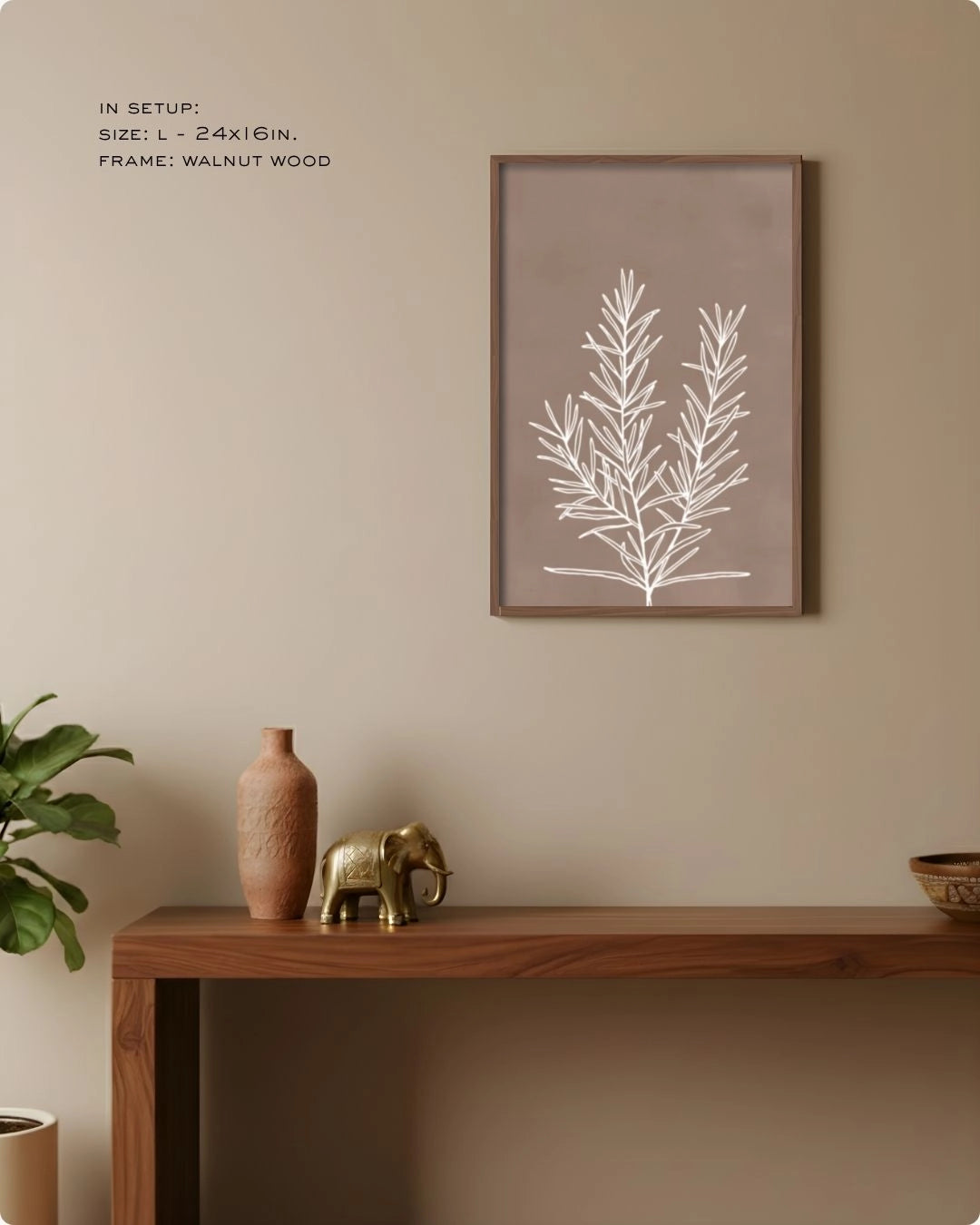 Earthy mocha brown botanical line art by K2C Co. in a Noir Black frame, styled above a dark wood console for a grounded Japandi look.