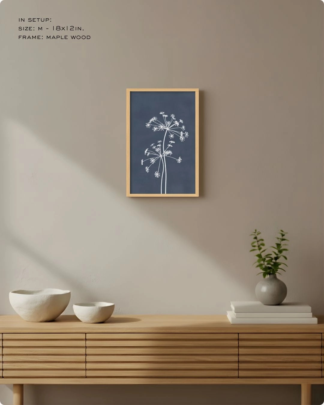 Medium (Size M) navy blue minimalist line art by K2C Co., featured in a bright contemporary room setup for high-contrast decor.