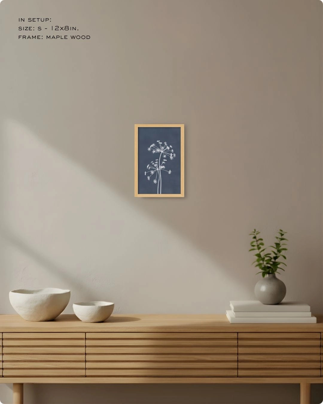 Small (Size S) navy blue botanical accent print in a Maple Wood frame, ideal for adding depth to a minimalist gallery wall.