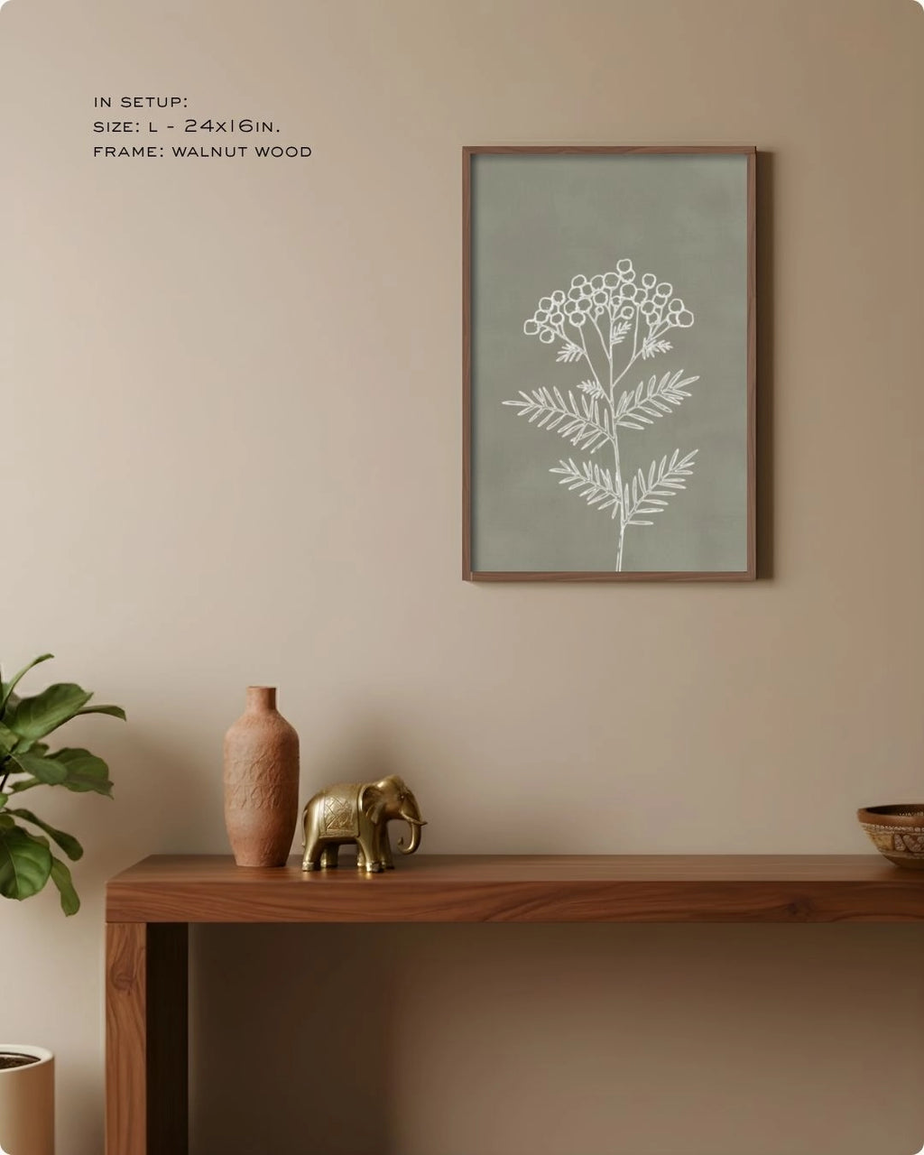 Minimalist sage green botanical line art by K2C Co. in a Noir Black frame, styled above a dark wood console for a modern Japandi entryway.