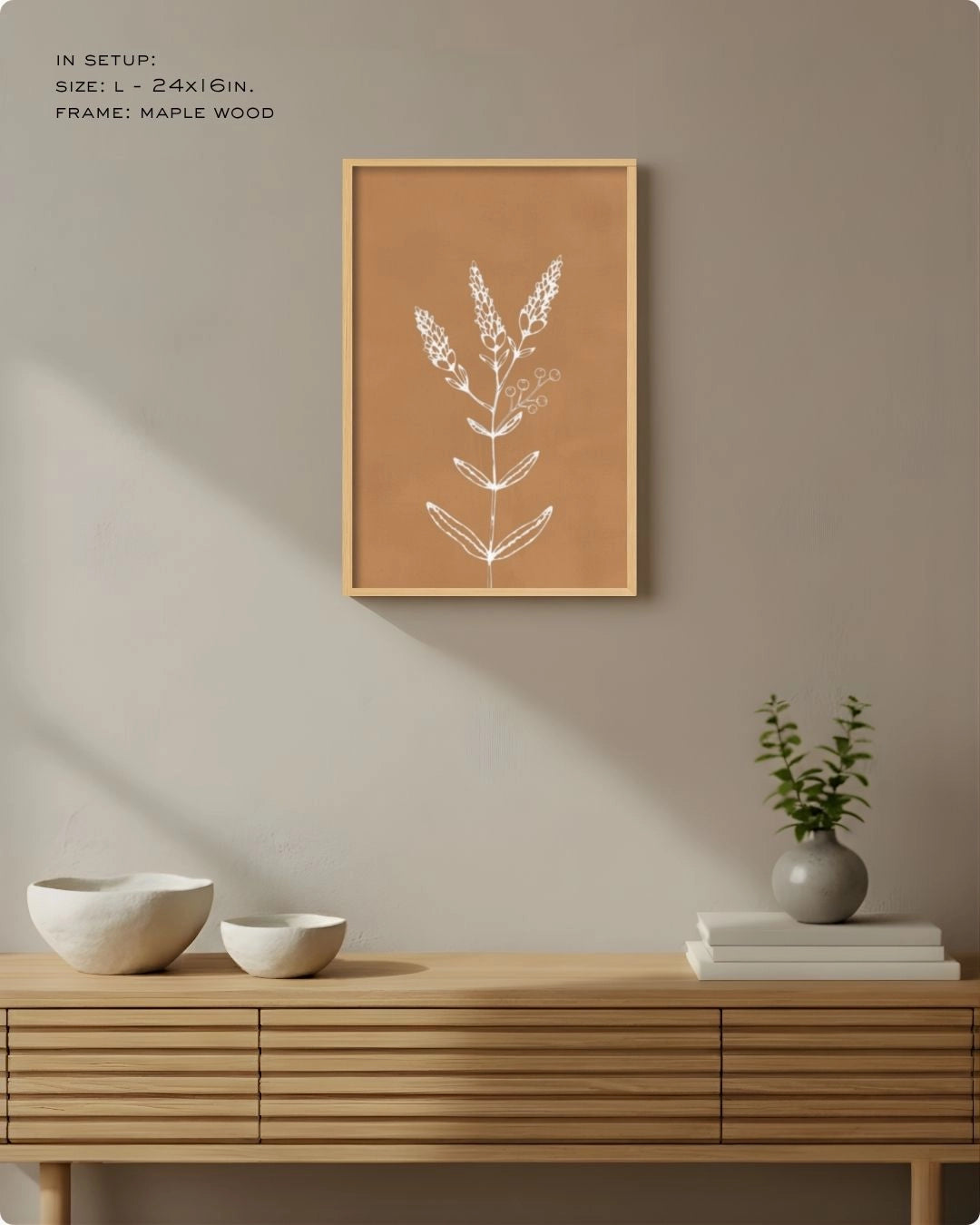 Large (Size L) terracotta botanical line art in a Maple Wood frame, styled above a slatted sideboard for a warm, organic modern vibe.