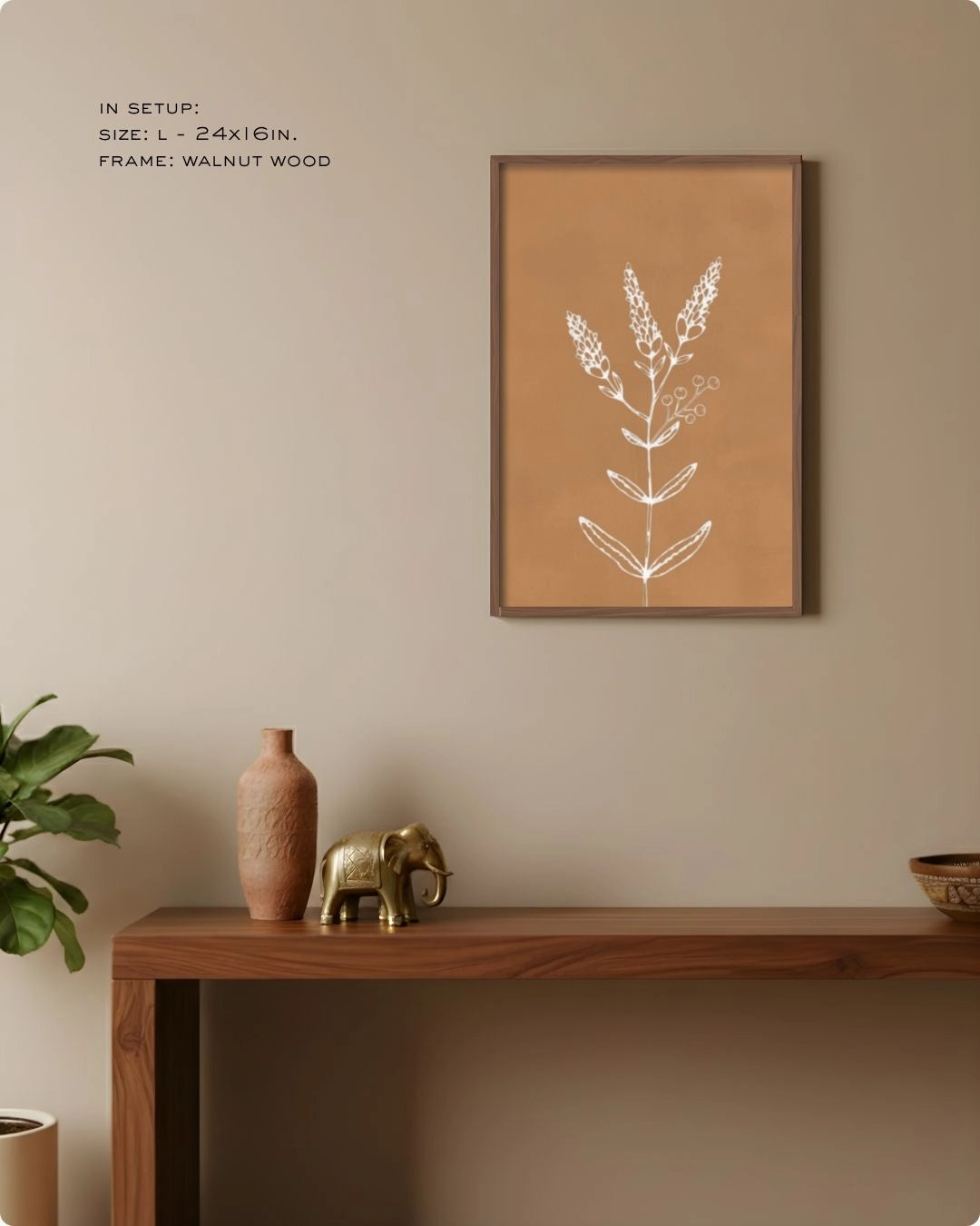 Warm terracotta botanical line art by K2C Co. in a Noir Black frame, providing a bold contrast in a minimalist modern entryway.