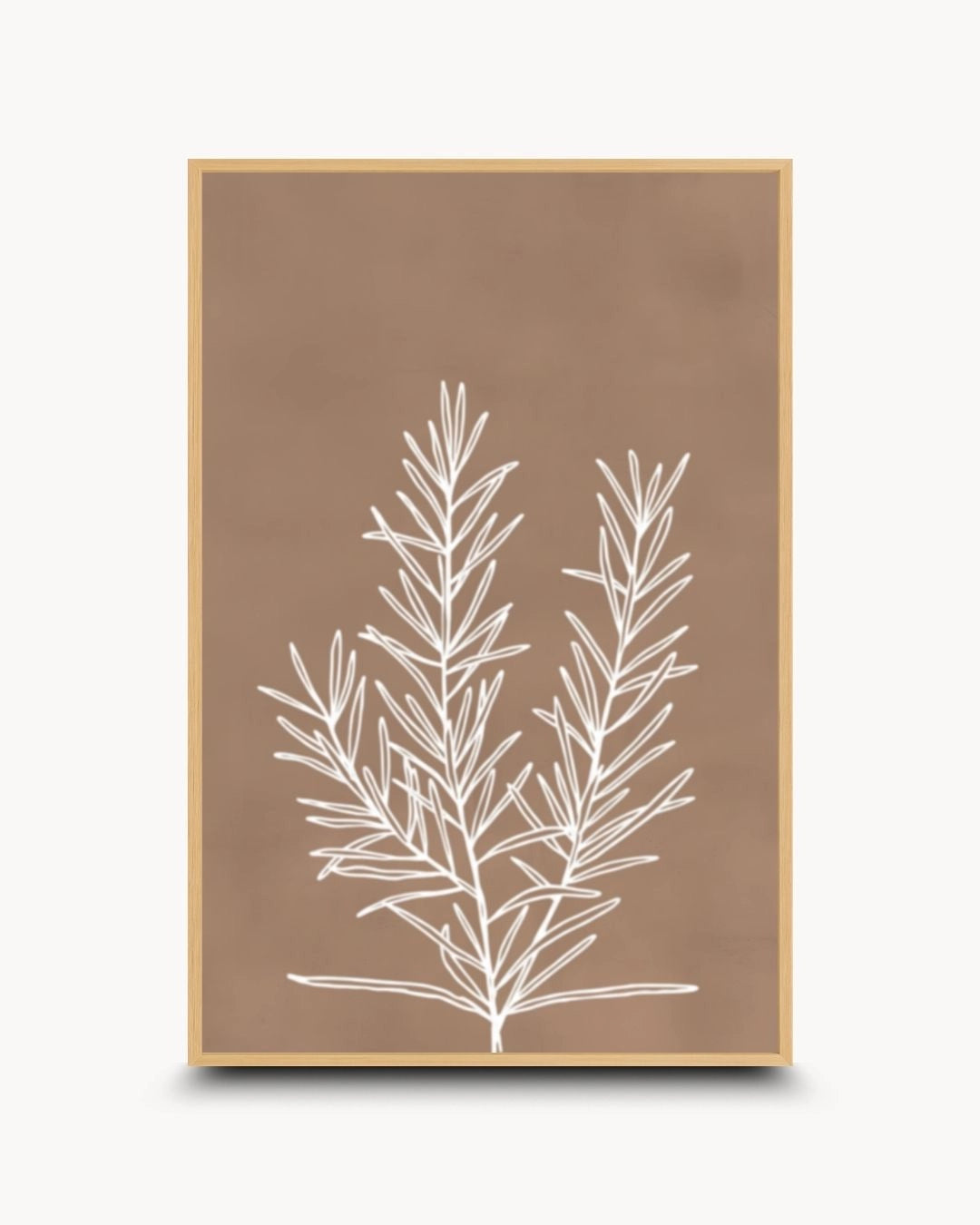 Organic modern botanical line drawing by K2C Co. in a natural Maple Wood frame. Featuring white linear detailing on a warm tan base, ideal for "slow living" home interiors.