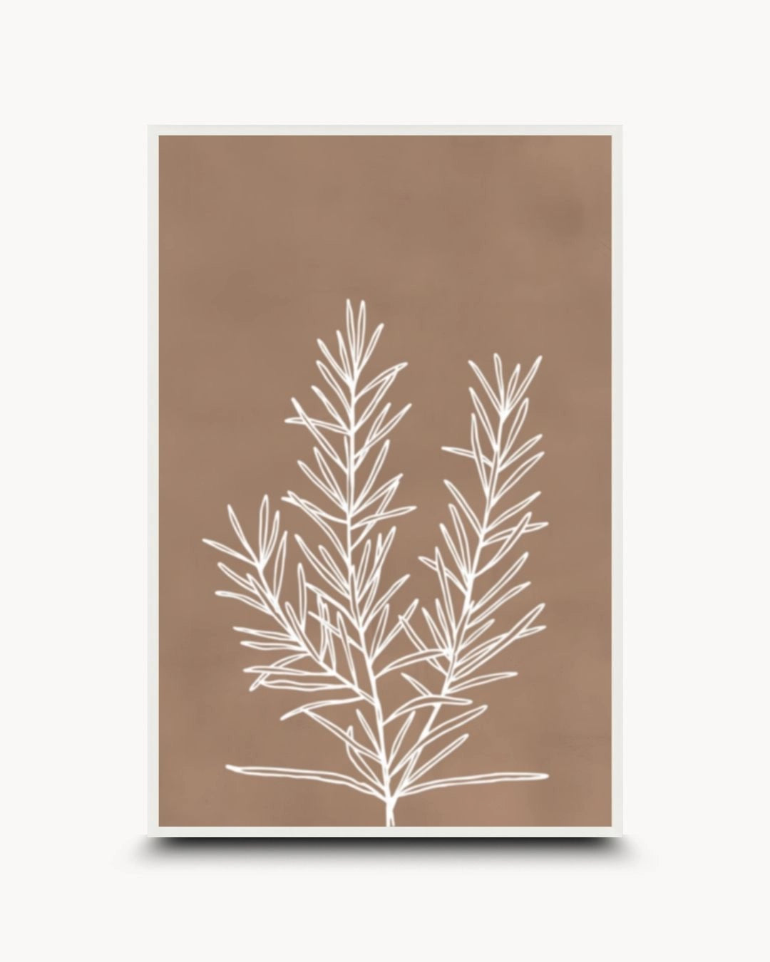 K2C Co. Essence V earth-brown botanical line art print in a Moon White frame. A clean, high-contrast design perfect for bright Scandinavian bedrooms or minimalist workspaces.