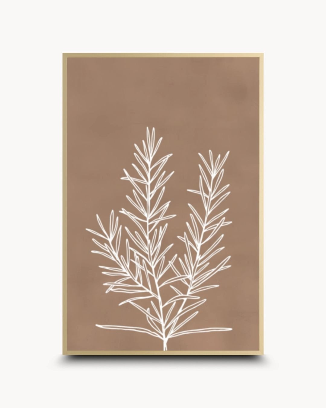Elegant Essence V botanical line art by K2C Co. in a Satin Gold frame. Features white botanical detailing on a matte mocha finish for a high-end contemporary wall decor statement.