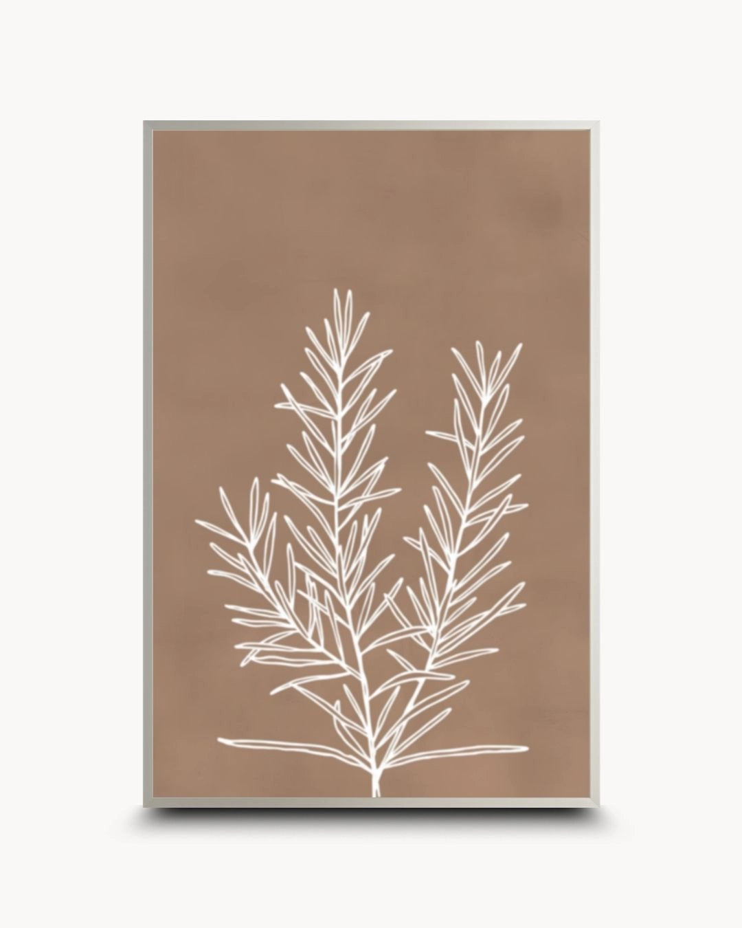 Contemporary minimalist brown botanical line drawing by K2C Co. in a sleek Satin Silver frame. A sophisticated, earthy piece for modern urban apartment styling.