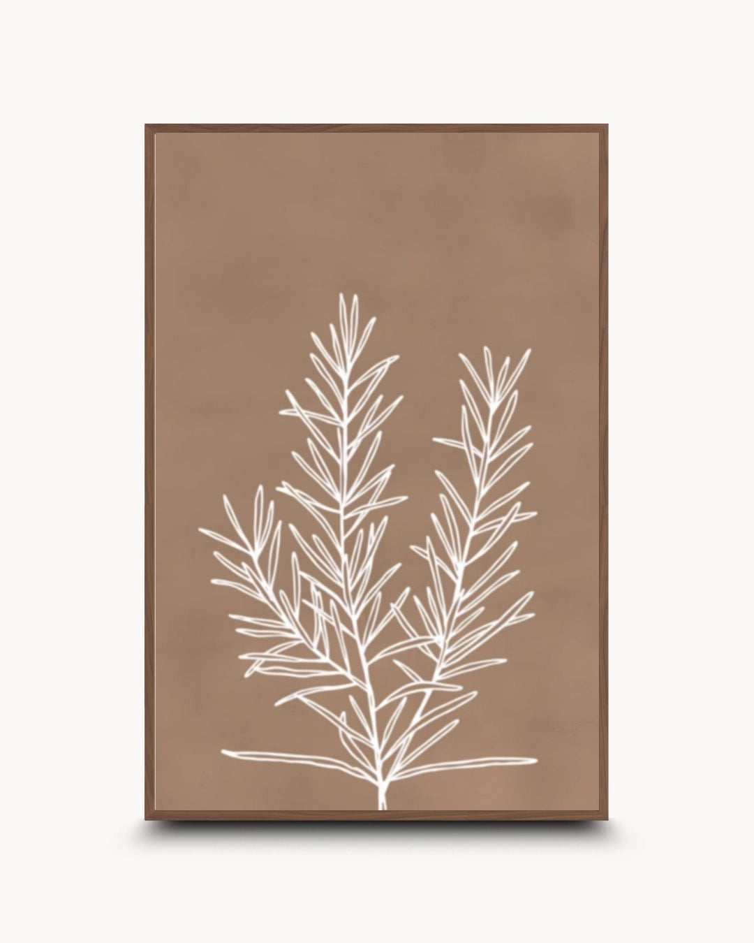 Essence V botanical line drawing in a warm Walnut Wood frame by K2C Co. A nature-driven balance of white lines and coffee tones suited for mid-century modern and Japandi aesthetics.