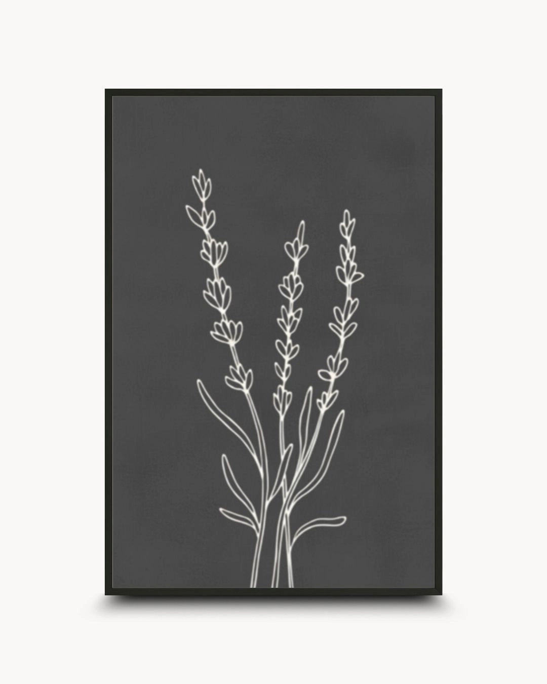 Minimalist white botanical line drawing on a deep charcoal grey background by K2C Co., featured in a 0.5-inch Noir Black frame for a seamless, modern look.