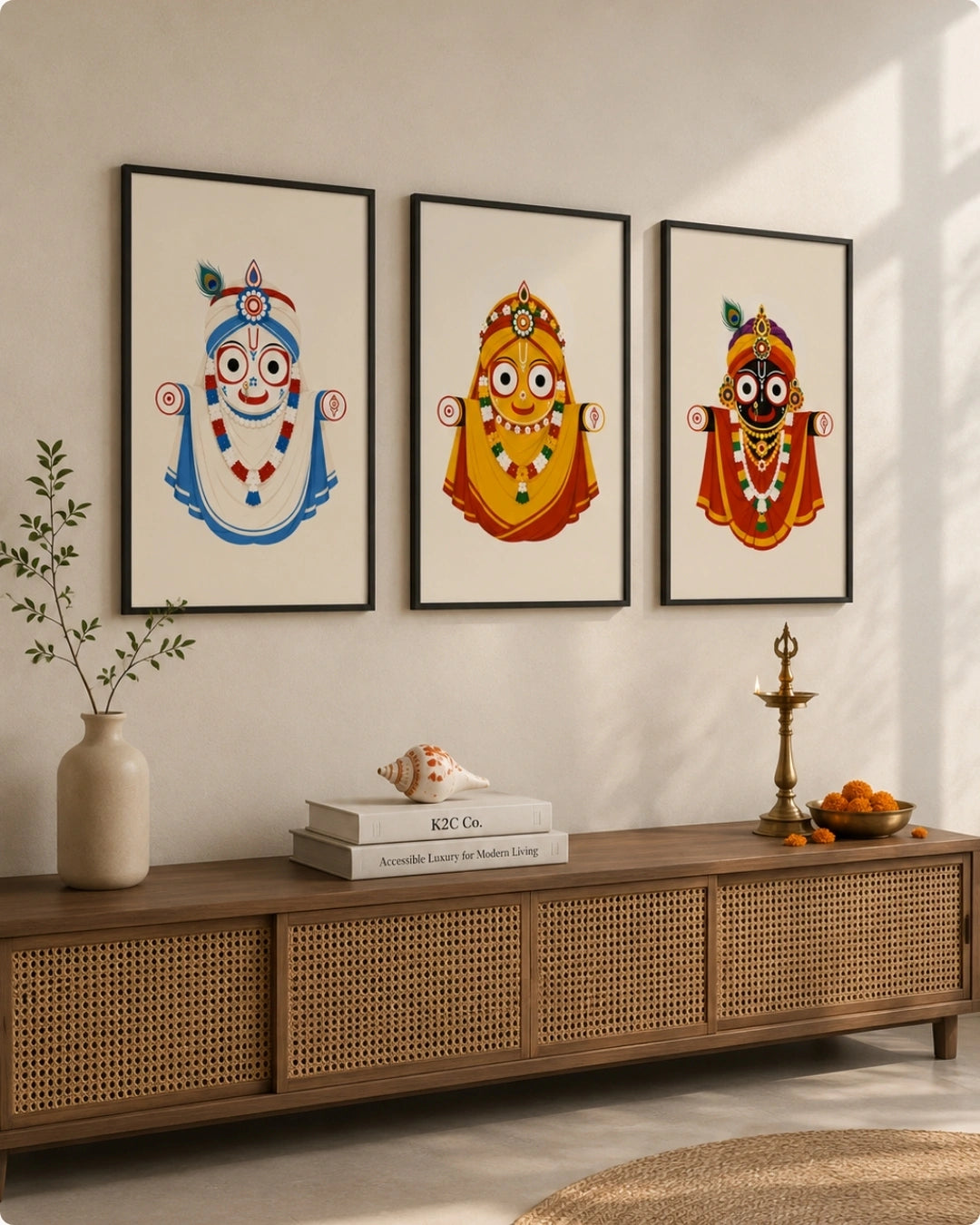 Lifestyle mockup of the Jagannath Triad 3 piece wall art set in sleek black frames styled above a woven rattan console in a sunlit coastal living room.