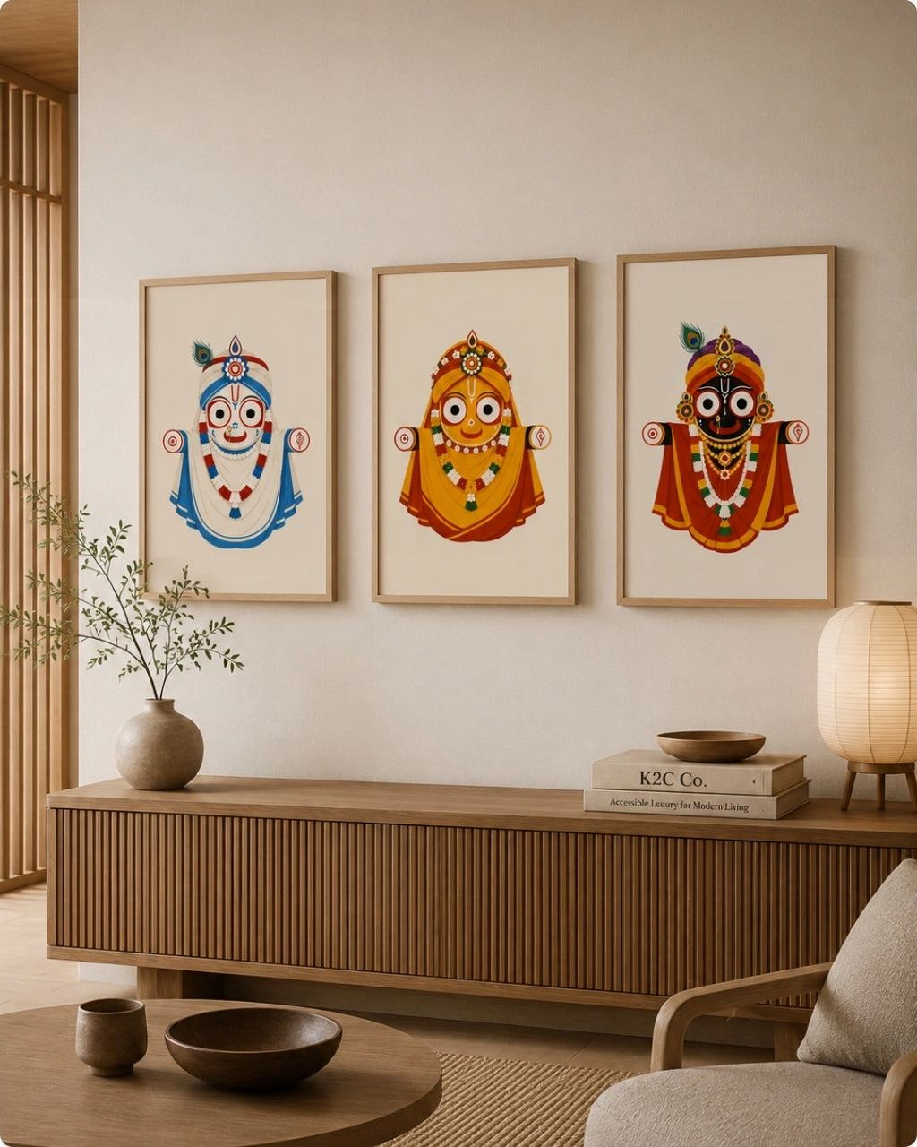 Lifestyle mockup of the Jagannath Triad 3 piece wall art set in maple wood frames displayed above a slatted light wood console in a serene Japandi seating area.