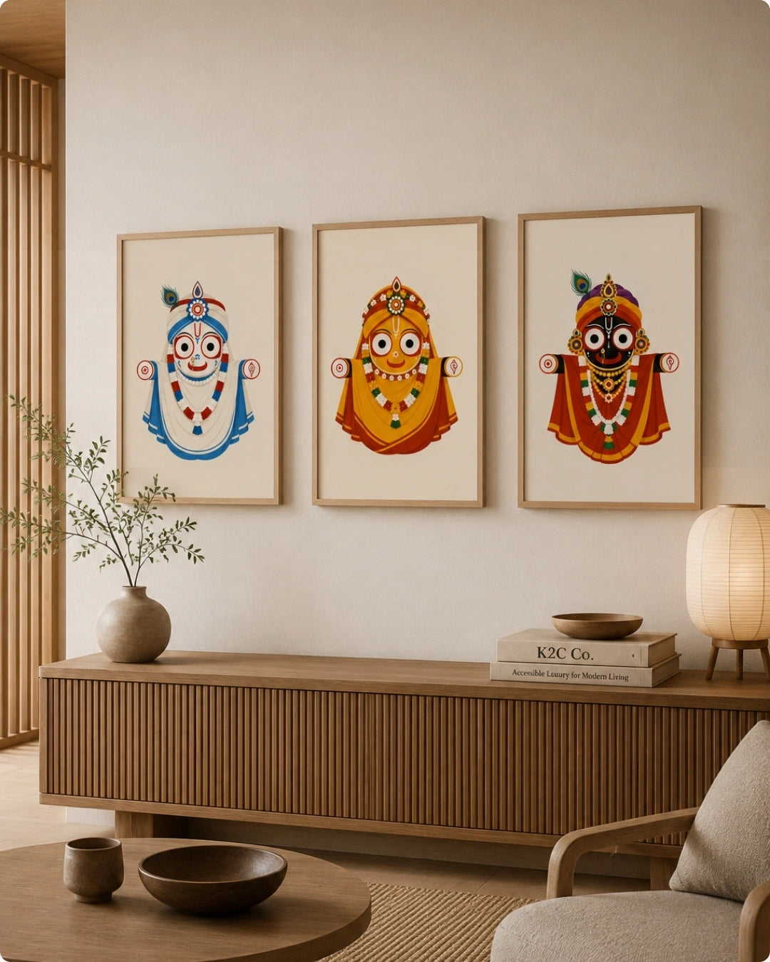 Lifestyle mockup of the Jagannath Triad 3 piece wall art set in maple wood frames displayed above a slatted light wood console in a serene Japandi seating area.